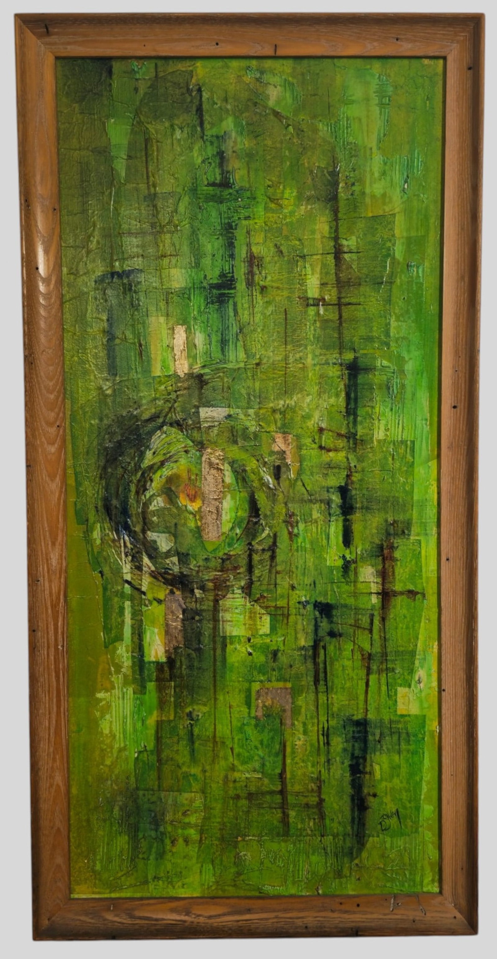 Abstract Composition Oil: Abstract Composition Oil. Oil on board, titled,"First of Morning Green" Signed lower right, illegible. Titled to verso. Sight 32 x 14 1/4. Frame 34 3/4 x 17 1/8.