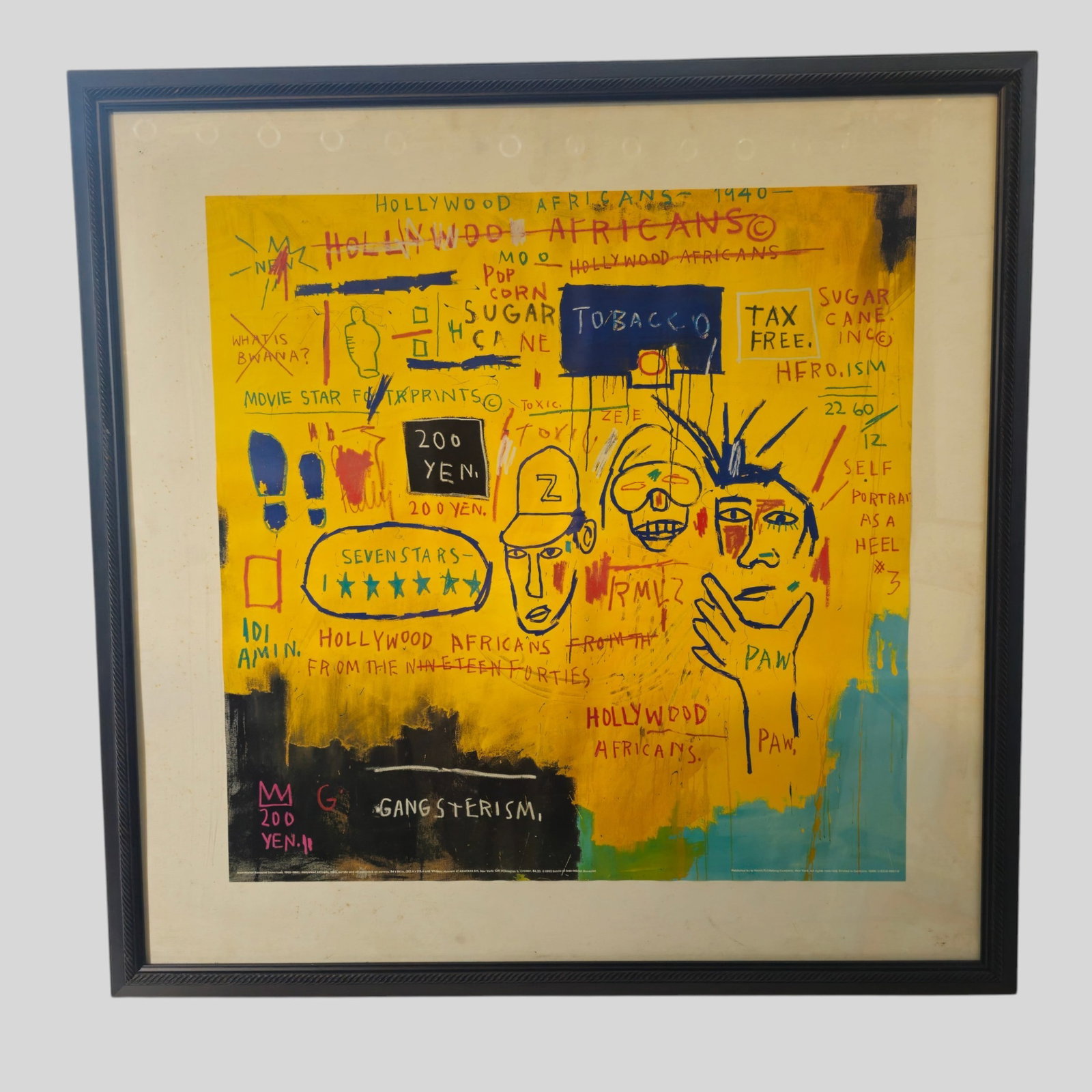 Jean-Michel Basquiat Poster: Jean-Michel Basquiat Poster. Hollywood Africans, 1983. Sheet size- 25 1/2 x 25 1/2. Frame 34 5/8 x 34 5/8.