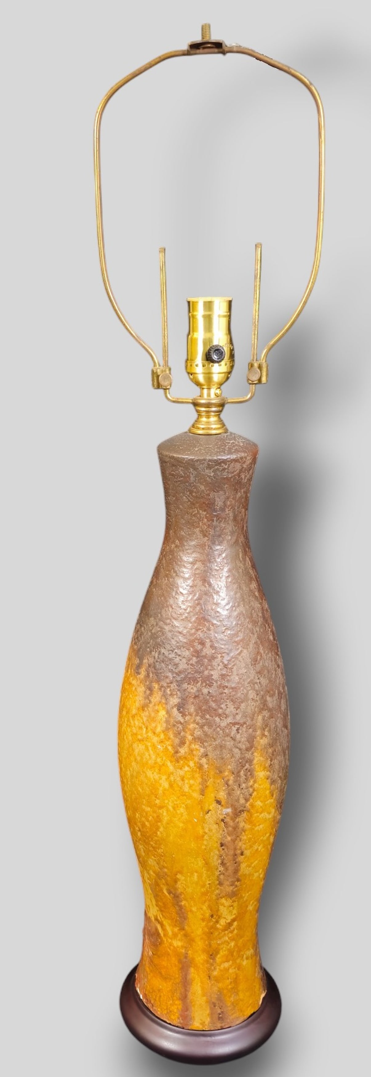 Marcello Fantoni Raymor Volcanic Glazed Earthenware Table Lamp: Marcello Fantoni Raymor Volcanic Glazed Earthenware table lamp. Italy. 1955. Signed near base. Mounted to black lacquered wood base. Provenance: The Jonas Meyer Karp, Cincinnati, Ohio. Vase 5 dia x 19