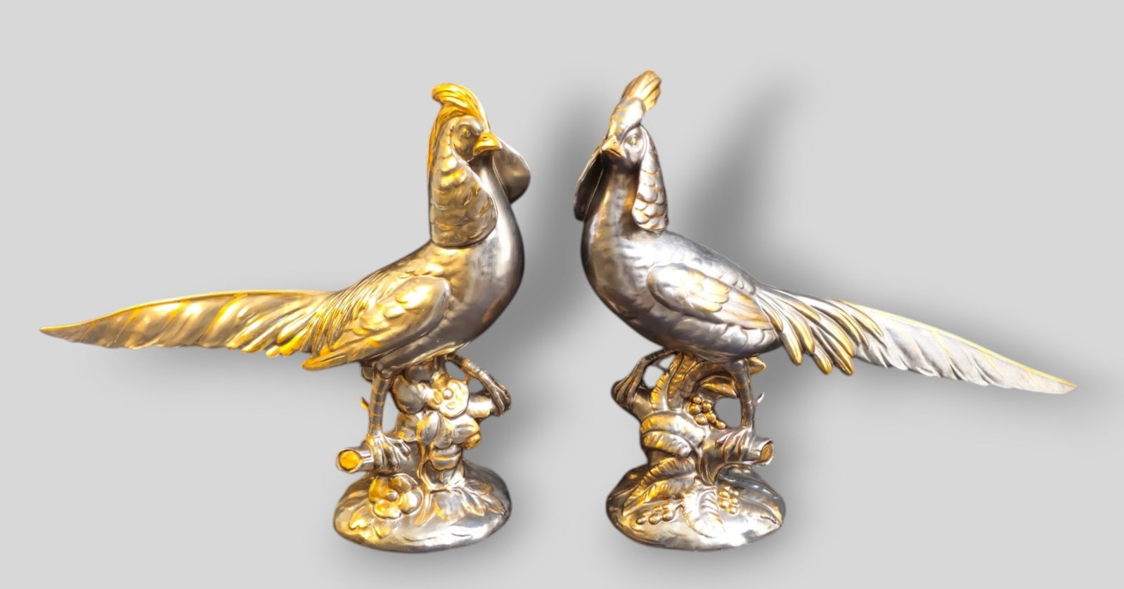 MCM Italian Silver Metalic Glaze Pheasants: MCM Italian Silver Metalic Glaze Pheasants. Pair. Italy. 1950s. Signed to underside. 17w x 5 1/4d x 13 1/2h.