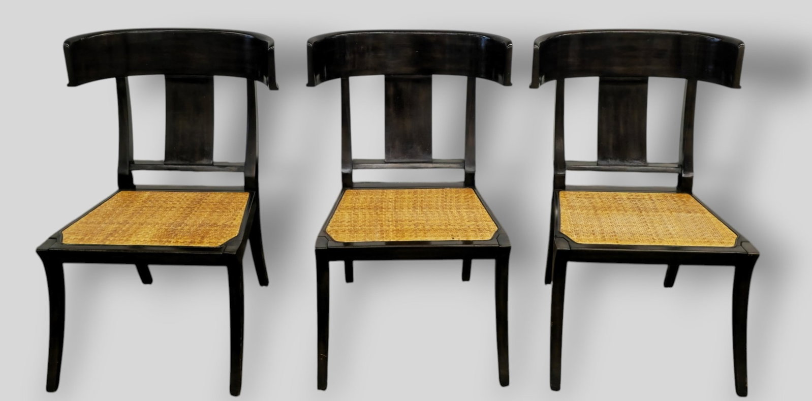 MCM Klismos Chairs: MCM Klismos Chairs. Set of 3. USA. Lacquered wood and cane.