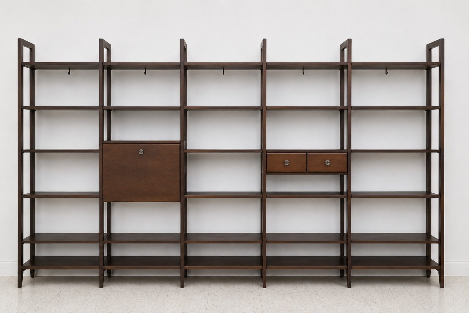 Khowry MCM Five Bay Wall Unit: Khowry MCM Five Bay Wall Unit. USA. 1970. Walnut, chrome and enamel. Overall 155w x 15d x 71h. Individual 31 1/2w.
