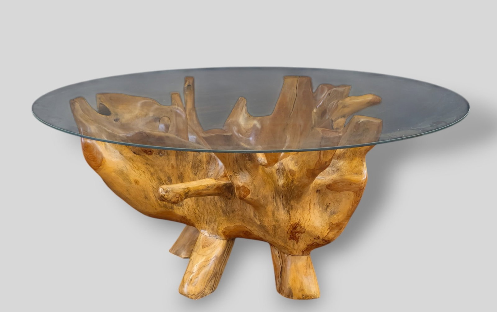 MCM Organic Wood and Glass Top Coffee Table: MCM Organic Wood and Glass Top Coffee Table. 1960s. Overall 41 dia x 18h. Base 30 1/4w x 30 1/2d x 17 3/4h.