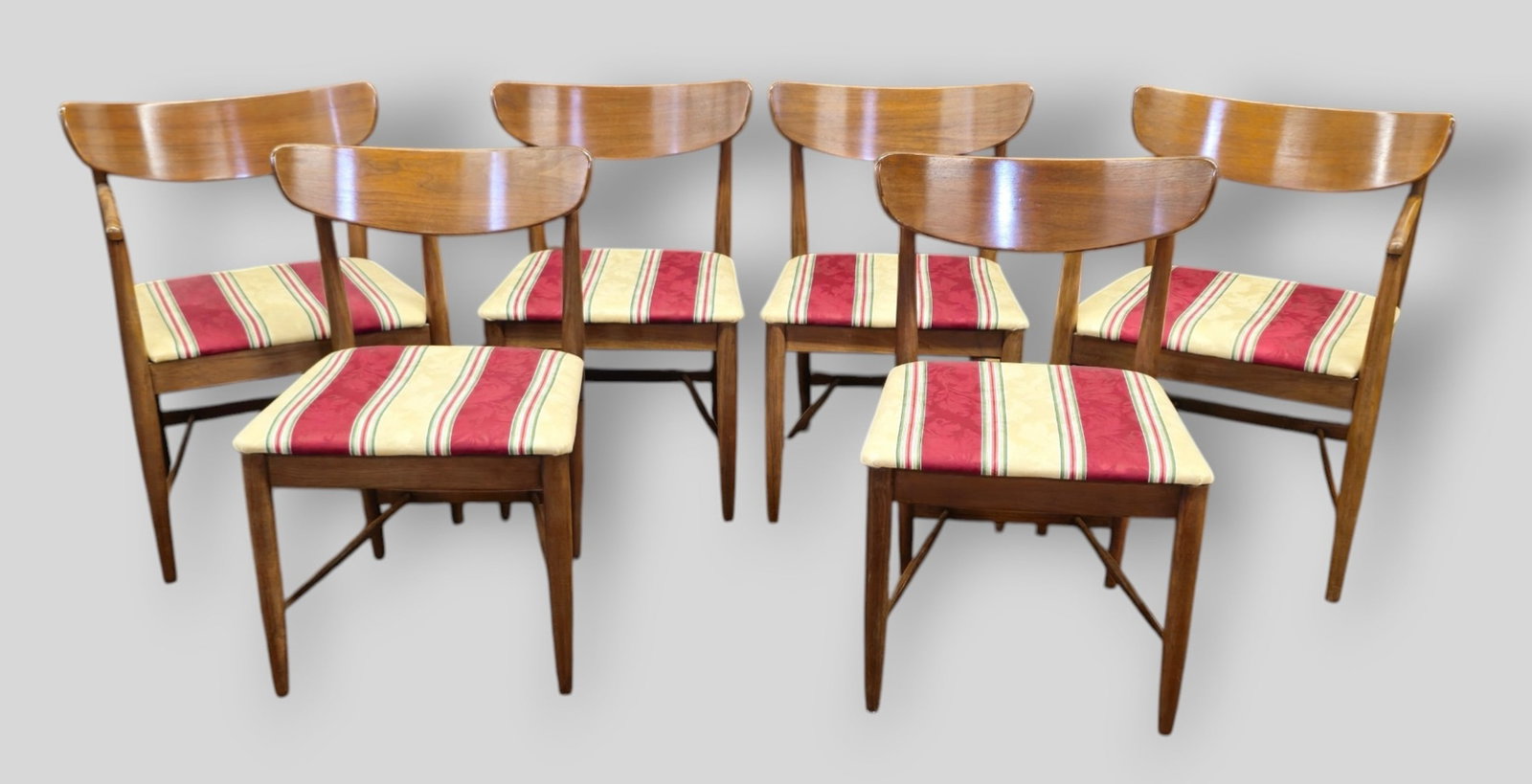 Merton Gershun Dania Dining Chairs: Merton Gershun Dania Dining Chairs. Set of 6. American of Martinsville. USA. 1955. Walnut and upholstery. Armchairs 22 1/2w x 21 1/2d x 31 1/2h. Sh-18. Side chairs 20w x 21 1/2d x 31 1/2h. Sh-18.