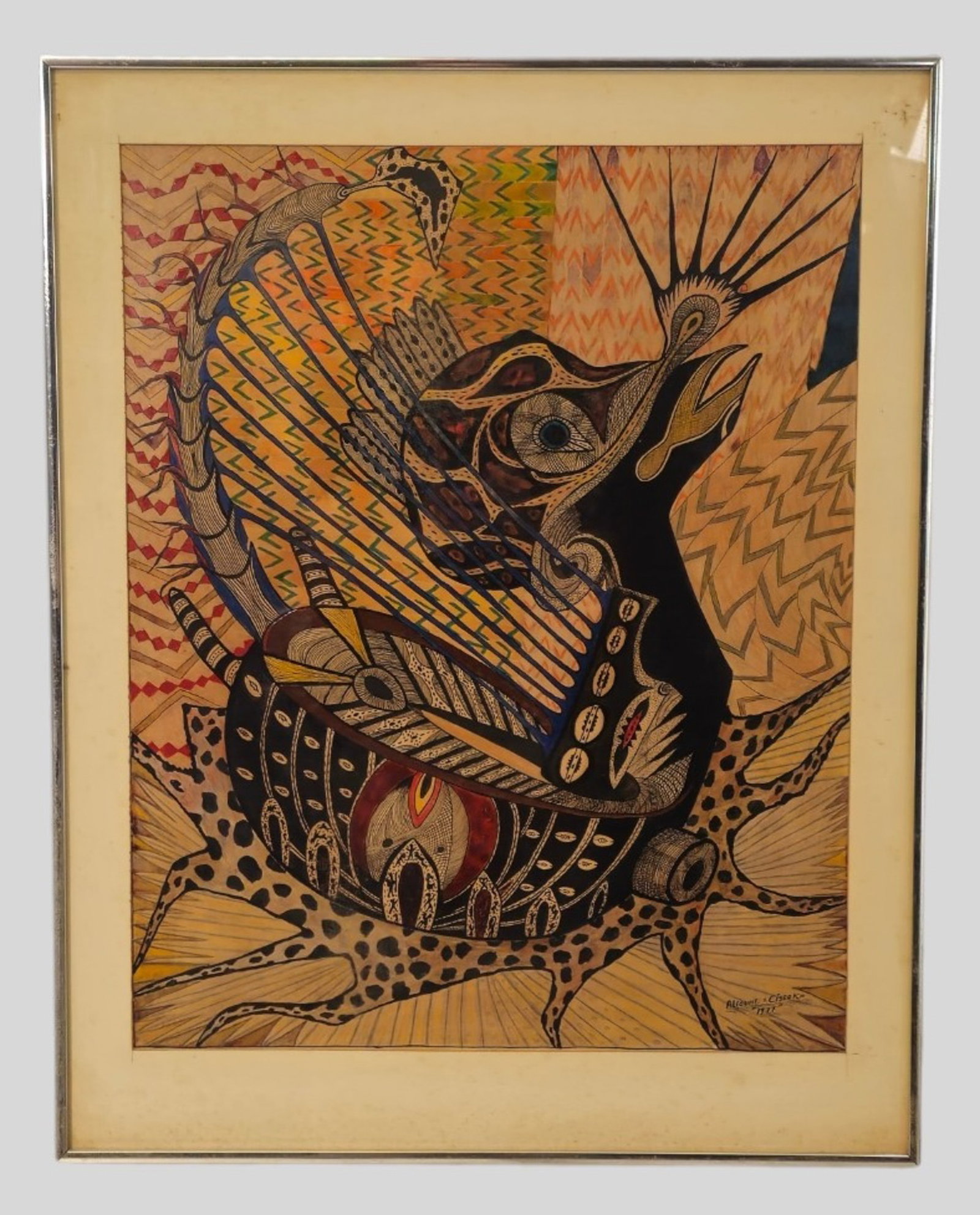 Alioune Cissoko Mixed Media: Alioune Cissoko (20th Century) Mixed media on paper titled," Buruju". Watercolor, marker, pencil and oil. Signed lower right and dated 1977. Sight 24 3/4 x 19 7/8. Frame 30 3/8 x 24 1/4.