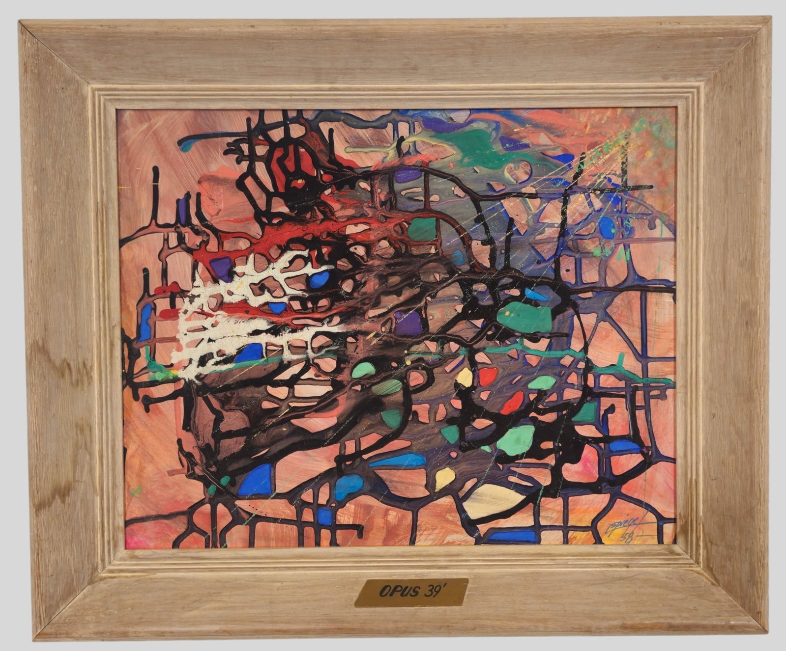 Louis Spiegel Oil: Louis Spiegel (1901-1975, Cincinnati) Oil on canvas board titled, "Opus 39' " Signed lower right and dated 1958. Housed in original oak frame. Sight 15 1/4 x 19 1/2. Frame 20 1/2 x 24 1/4.