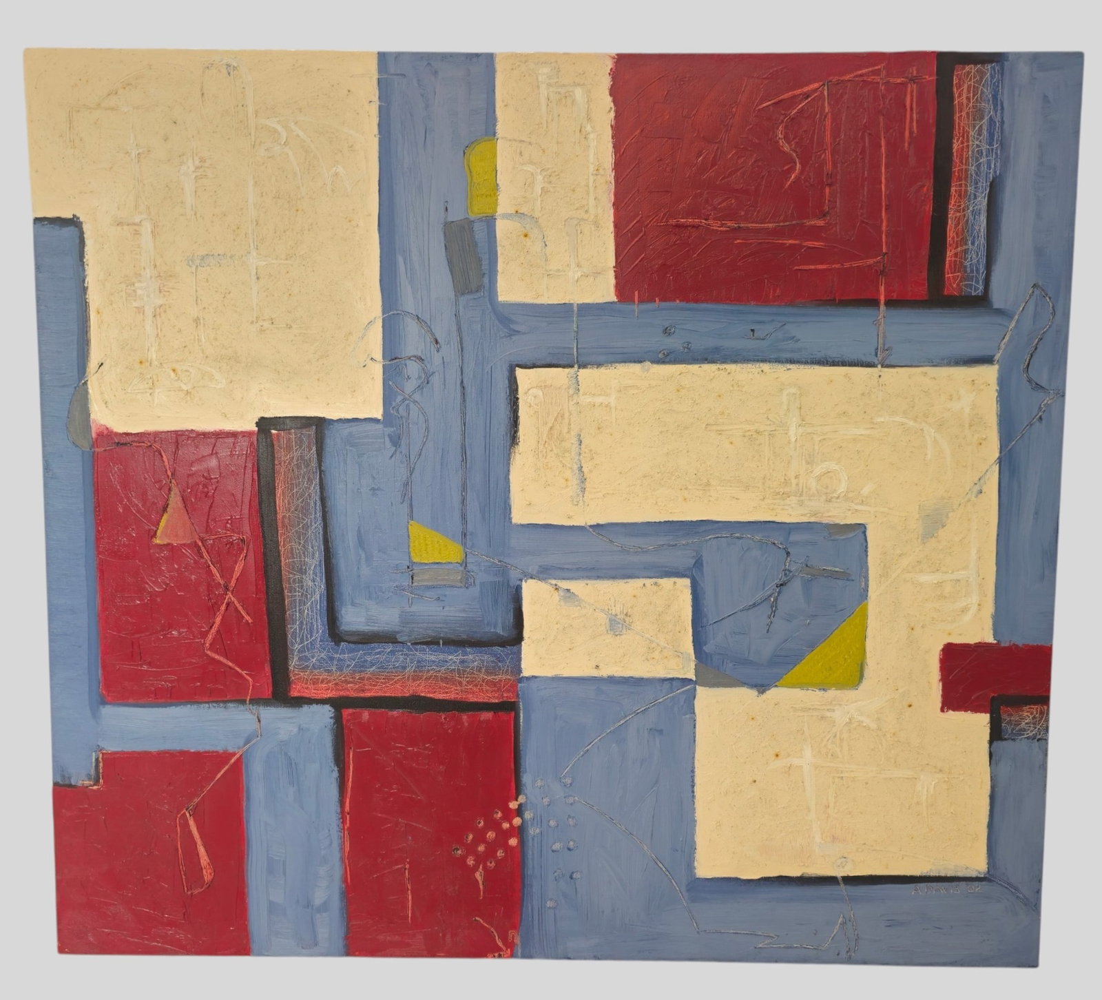 A Davis Geometric Oil: A. Davis (20th/21st Century) Oil on canvas, untitled. Geometric composition. Signed and dated 2002. Size 34 x 38.