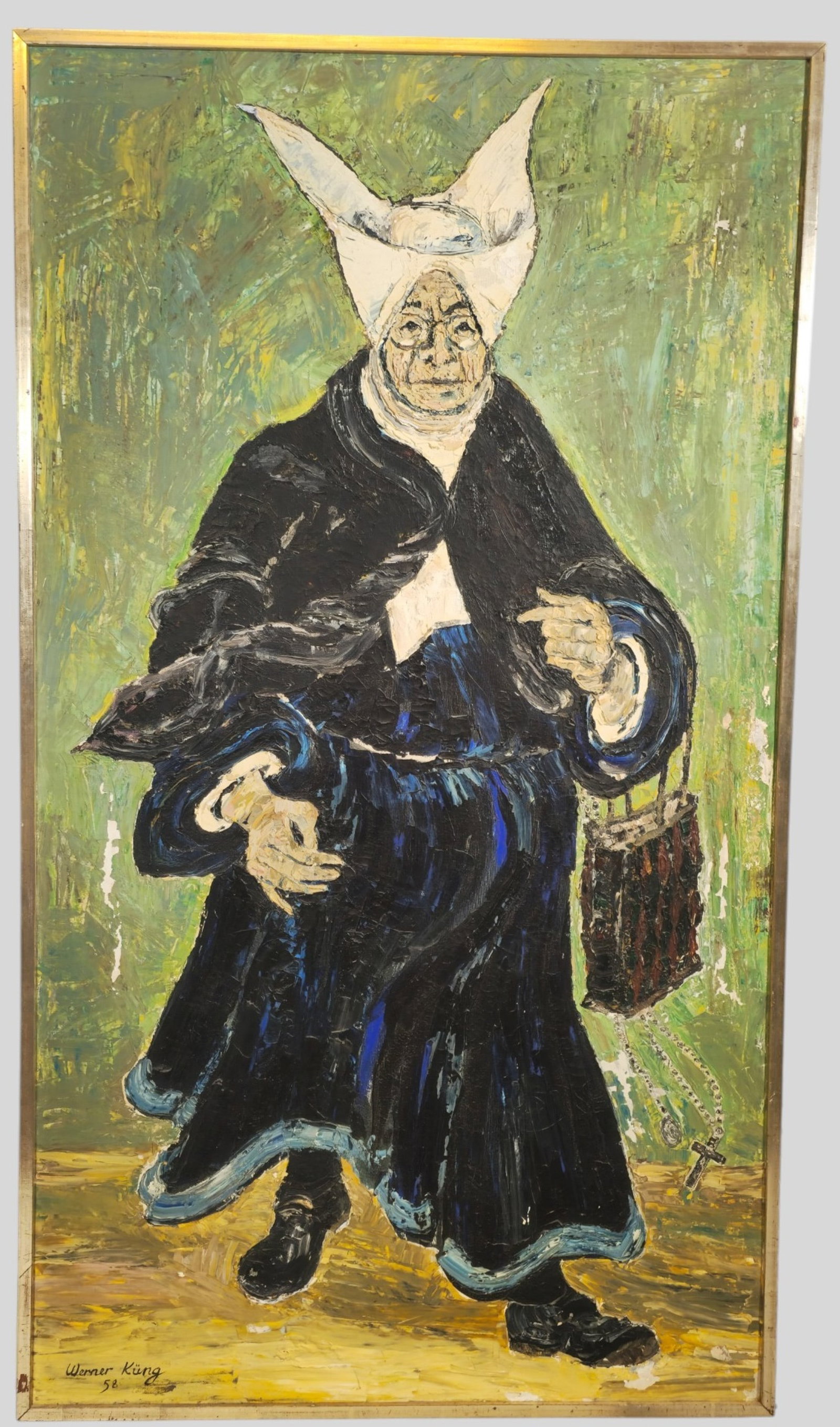Werner Kung Oil: Werner Kung ( 20th Century, American) Oil on canvas, untitled. Nun. Signed and dated 1958 lower left. Sight 50 x 27 1/2. Frame 51 1/2 x 29.