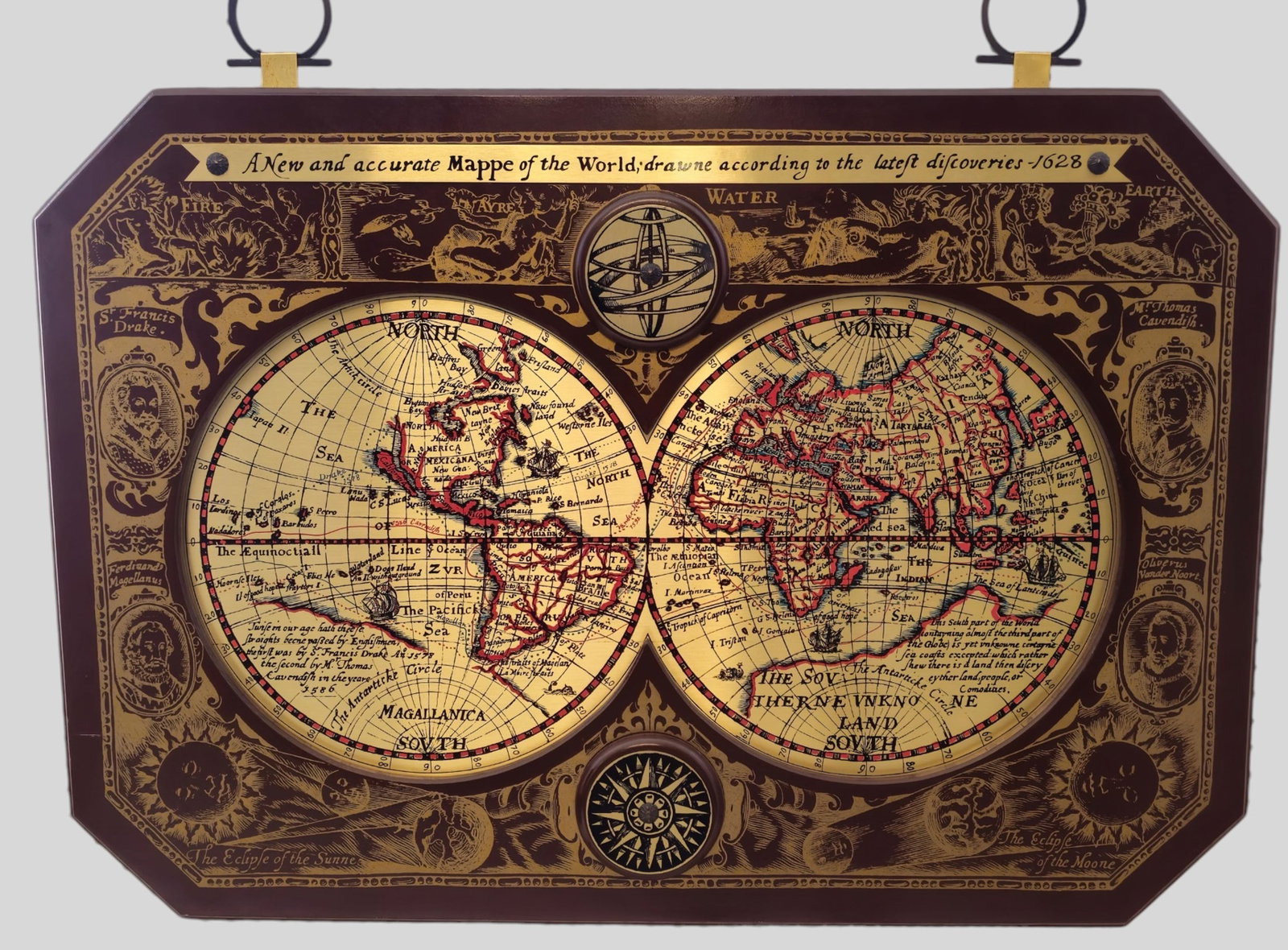 1964 Masketeers Mappe of the World: 1964 Masketeers Mappe of the World. Manufacturer's label to verso. Painted brass and stenciled wood. 44w x 1d x 30 1/2h