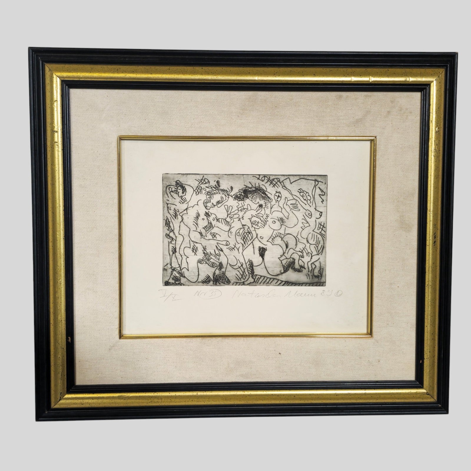 Natascha Mann Etching: Natascha Mann (Born 1946- , Germany) Etching on paper untitled. Orgy. Signed and dated 1989 lower right. Numbered V/X lower left. Image size 8 5/8 x 11.