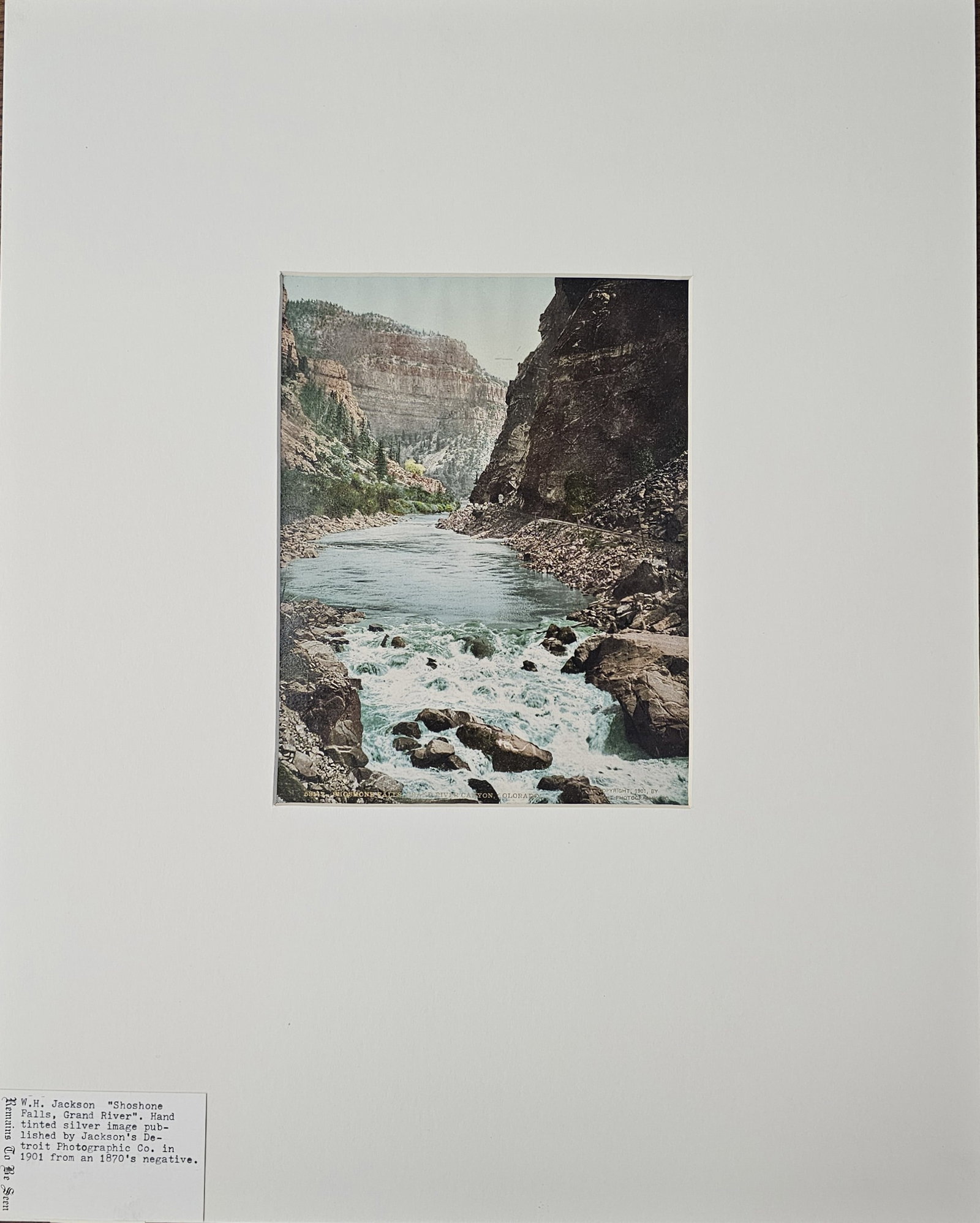William Henry Jackson Albumen Silver Print: William Henry Jackson (1843-1942, New York) Hand tinted Albumen Silver print. Shoshone Falls. Original 1883. Detroit Photographic Co. Printed in 1901 from a n 1880s negative. Print and Manufacturer's