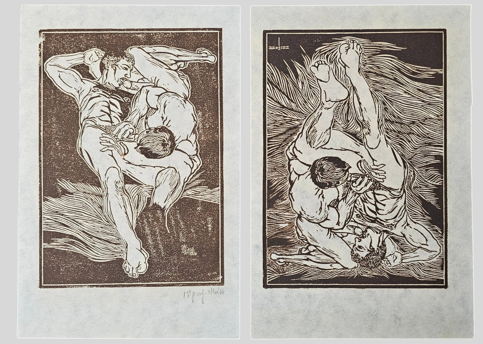 Unknown Erotica Linocut and Woodblock Print: Unknown Erotica Linocut and Woodblock Print. Male Nudes. 1st proof and dated May 3, 1966 in pencil lower right. Dragonfly mark in lower right on woodblock print. Sheet size 8 1/2 x 6.