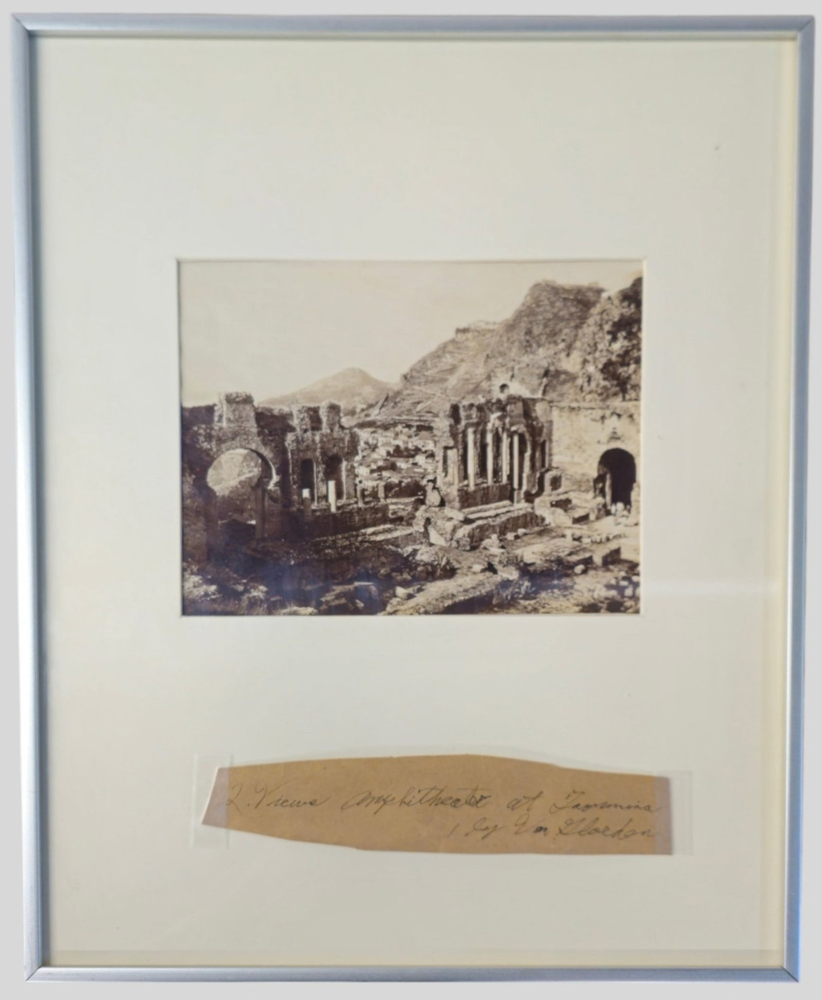 Wilhelm von Gloeden Gelatin Silver Print: Wilhelm von Gloeden (1856-1931, Germany) 19th Century Silver Gelatin print of theatre of Taormina in Sicily, Italy. Sheet size 7 7/8 x 10. Frame 20 1/4 x 16 3/8.