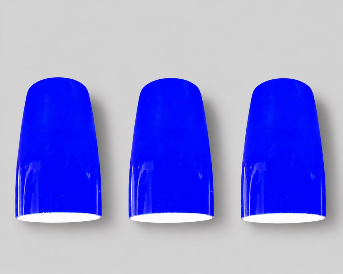 MCM Blue and Frosted Glass Hanging Shades: MCM Blue and Frosted Glass Hanging Shades. Set of 3. Denmark. 1960s. Glass. 4 3/8 dia x 7 3/8h.