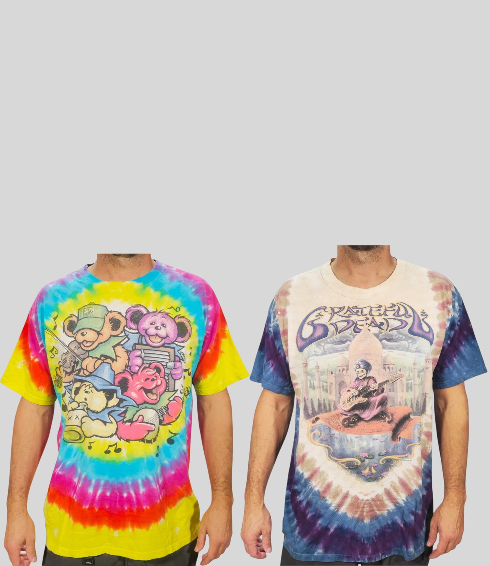 Two Vintage Grateful Dead T-Shirts: Two Vintage Grateful Dead T-Shirts. 2 total. First is a 2001 "carpet Ride" tie-dye t-shirt featuring a skeleton graphic on flying carpet. Back graphic has a skeleton snake charmer theme. Single stitch