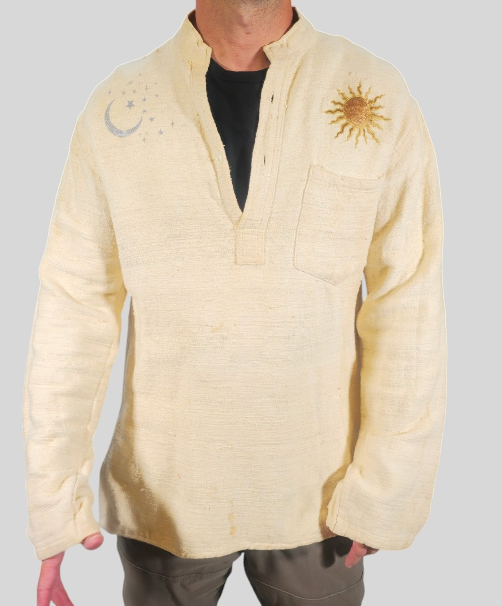 Vintage 1980 Woven cotton Hand Embroidered Pull Over: Vintage 1980 Woven cotton Hand Embroidered Pull Over. Vintage adult large. V neck and one pocket. Hand embroidered moon, stars and sun to front shoulders. The back is hand embroidered Tibetan Thangka 