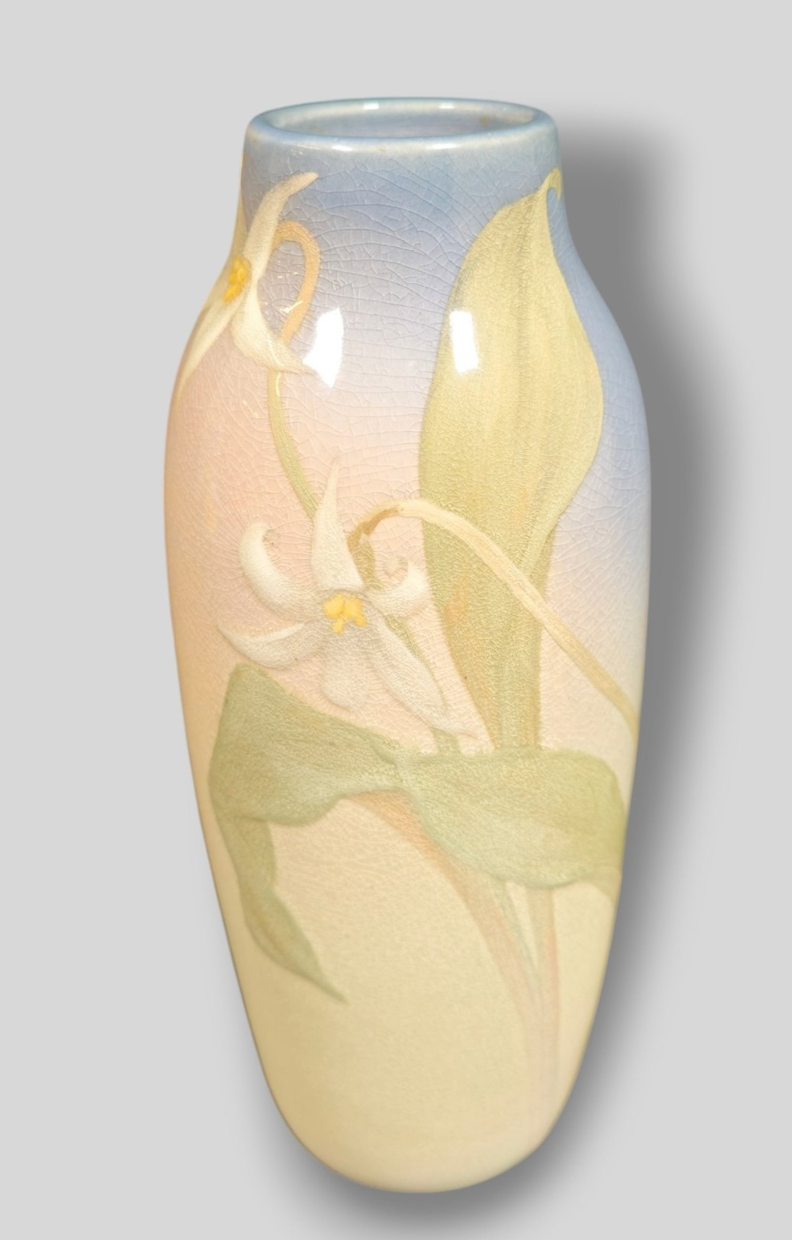Josephine E Zettel Iris Glaze Rookwood Pottery Vase 932D: Josephine E Zettel Iris Glaze Rookwood Pottery Vase 932D. Dated 1903. Decorated with trilliums. RP logo, Artist Initial and shape #932D. 3 1/2 dia x 9h.