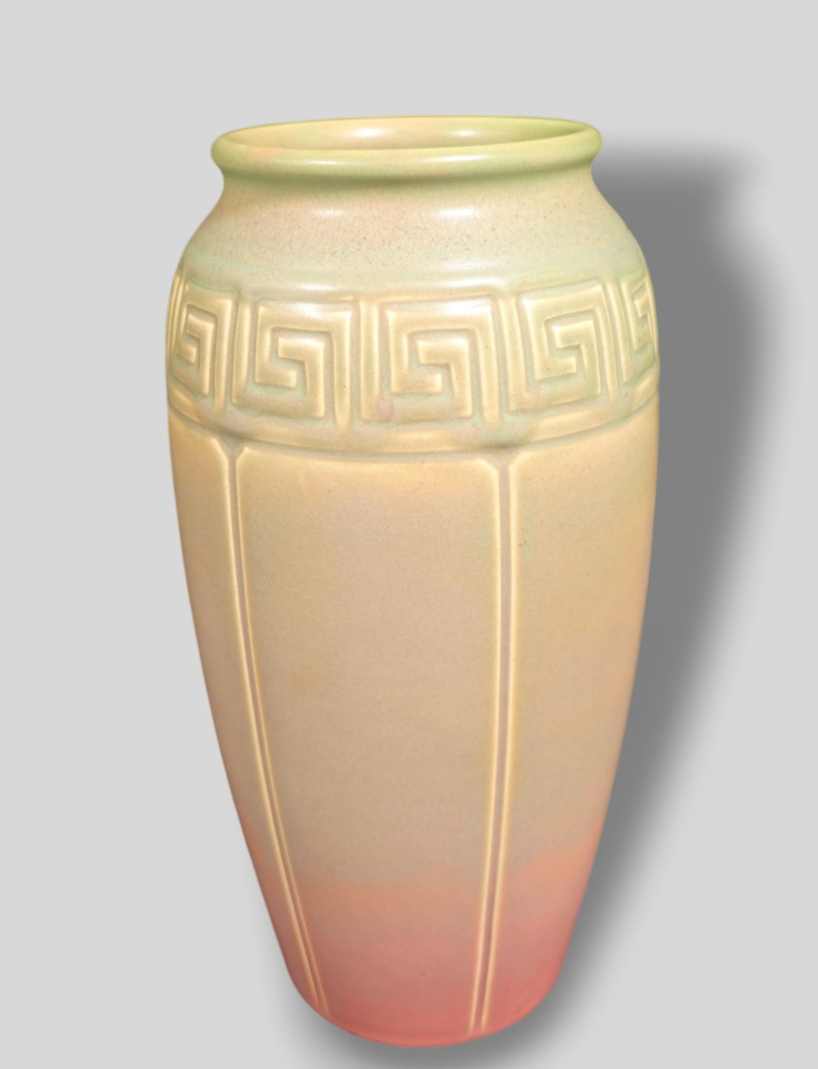 Arts and Crafts Rookwood Pottery Vase 892B: Arts and Crafts Rookwood Pottery Vase 892B. Dated 1915. RP logo, shape # 892B and matte glaze. Greek Key border. 5 1/4 dia x 11 1/4h.