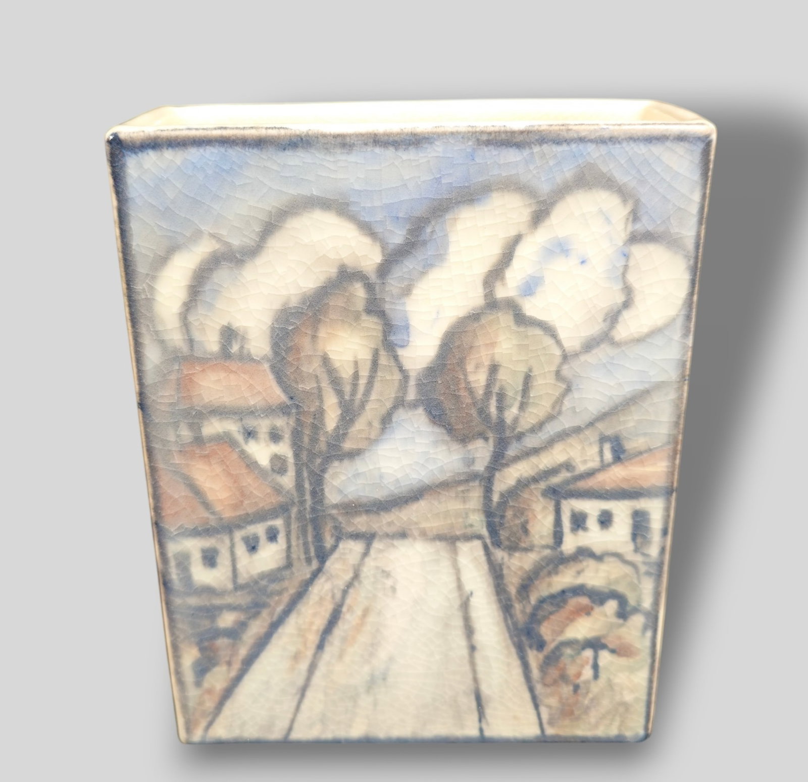 Rare Jens Jensen Rookwood Pottery Scenic Rectangular Vase 6292: Rare Jens Jensen Rookwood Pottery Scenic Rectangular Vase 6292. Dated 1953. Roadway and house scene. RP logo, Jensen mark and shape #6292. 6w x 2 1/4d x 7 5/8h.