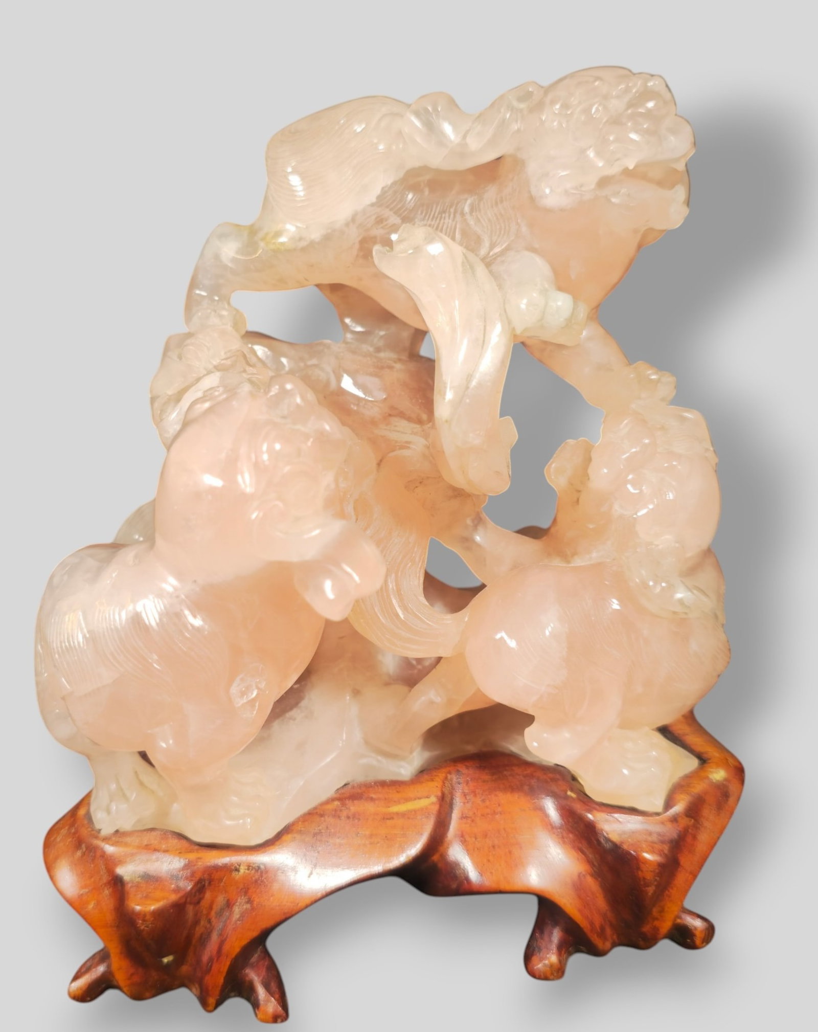Chinese Carved Rose Quartz Foo Dogs (1 of 8)