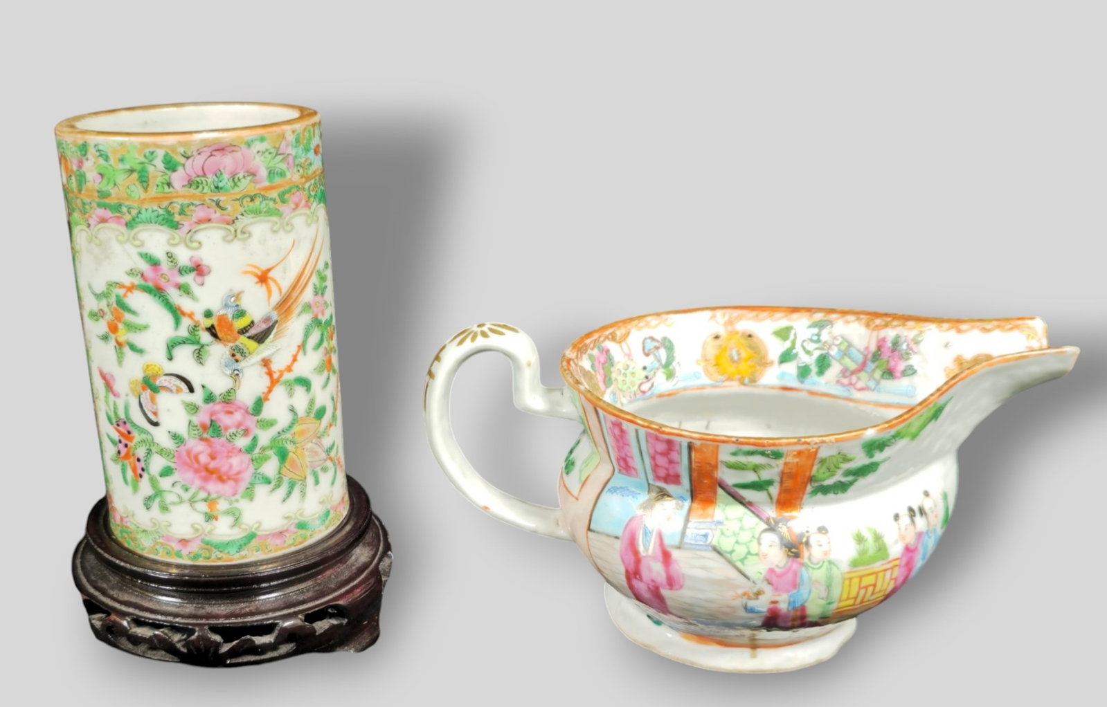 19th Century Chinese Export Famille Rose Medallion Porcelain Hog Nose Milk Pitcher Plus: 19th Century Chinese Export Famille Rose Medallion Porcelain Hog Nose Milk Pitcher Plus. Circa 1860. Decorated with figure in interior and exterior scenes. Gilt and red borders. 7w x 4 1/3d x 3 3/4h. 