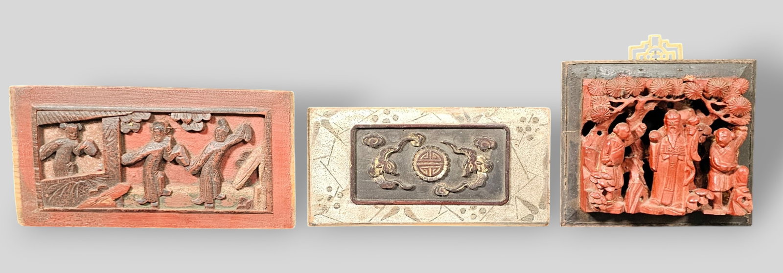 Assembled Chinese Carved Panels: Assembled Chinese Carved Panels. 3 total. 19th to 20th Century. Polychrome paint and lacquer finishes over wood. Largest 9 7/8w x 7/8d x 5 1/8h.