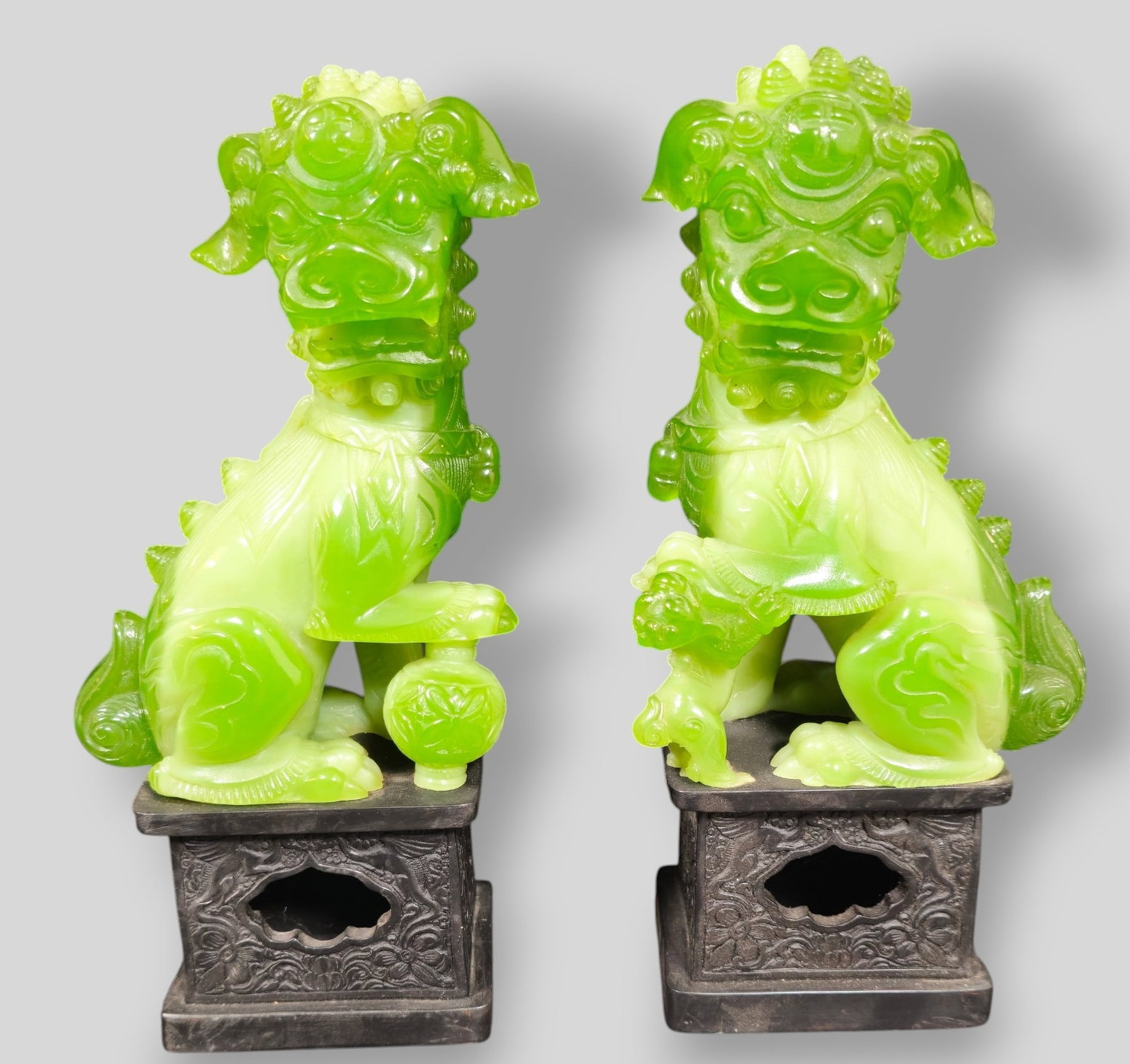 Chinese Faux Jade Fu Dog Bookends: Chinese Faux Jade Fu Dog Bookends. 20th Century. 5w x 3 1/2d x 10 1/8h.