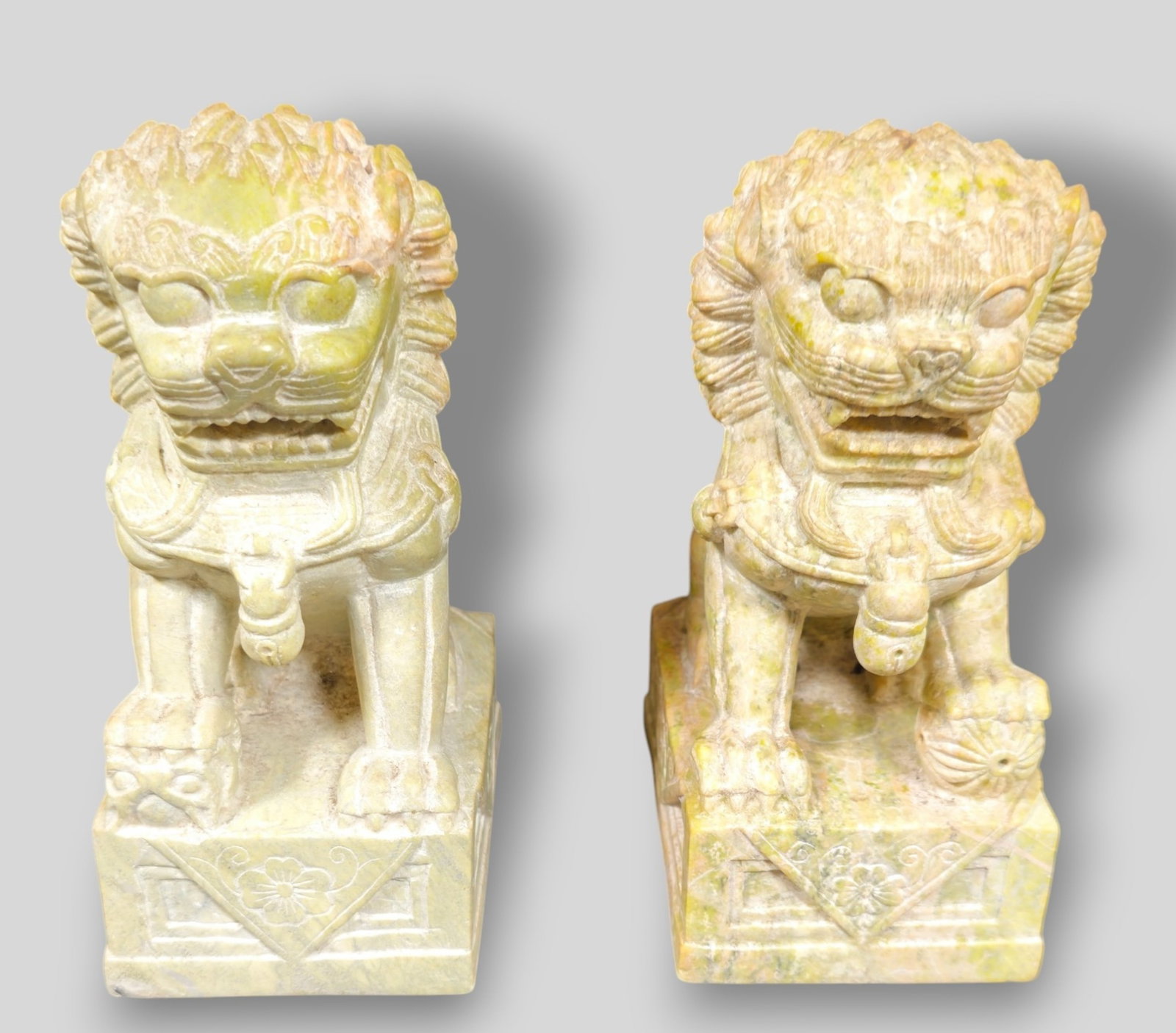 Chinese Republic Period Hand Carved Marble Foo Dogs: Chinese Republic Period Hand Carved Marble Foo Dogs. Pair. 3 3/8w x 4 7/8d x 7 1/2h.