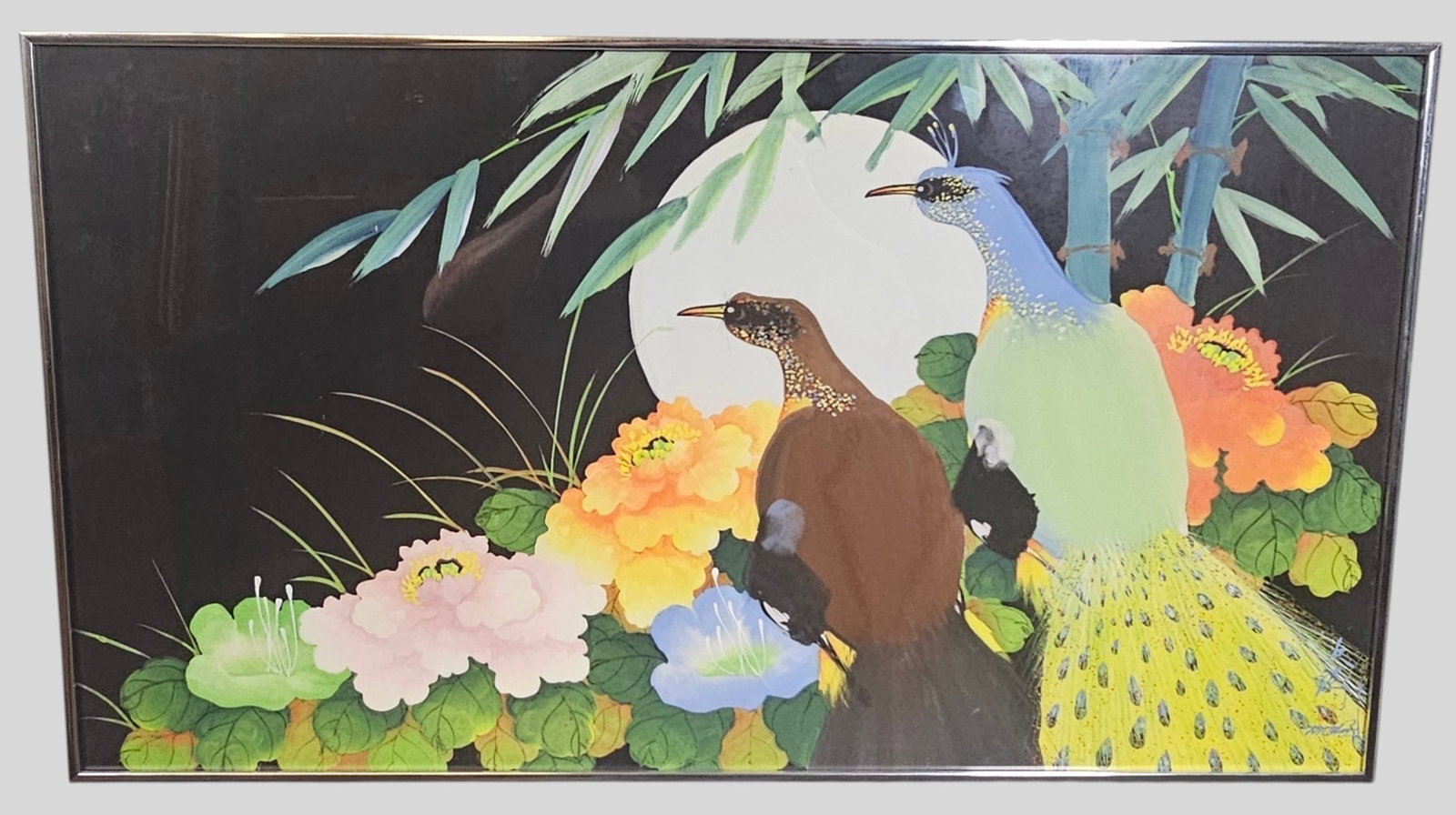 Poon Taito Watercolor: Poon Taito (20th Century, China) Watercolor on silk, untitled. Two birds in moonlight and flowers. Signed lower right. Sight 19 1/2 x 35 1/2. Frame 20 x 36.