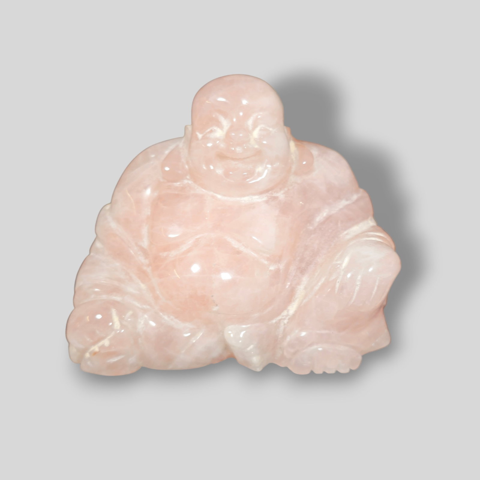 Chinese Rose Quartz Seated Laughing Buddha: Chinese Rose Quartz Seated Laughing Buddha. Republic Period. 3 1/2w x 2d x 2 1/2.
