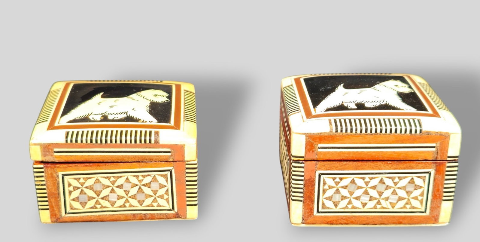 Inlaid Hinged Lid Westie Terrier Boxes: Inlaid Hinged Lid Westie Terrier Boxes. Two. 20th Century. Teak, ebony, mother of pearl and exotic inlays. Larger box 2 1/2w x 2 1/2d x 2h.