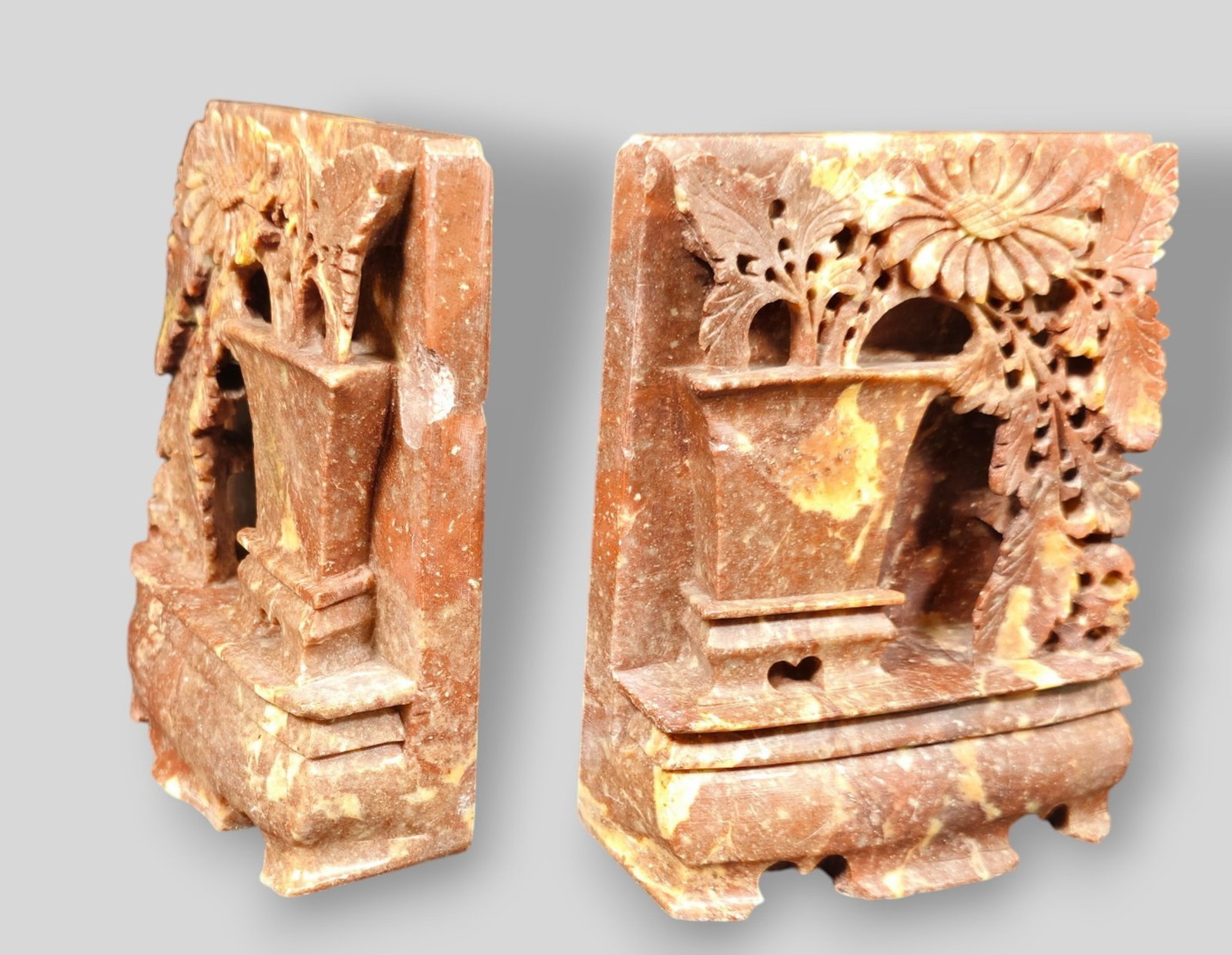 Chinese Soapstone Bookends: Chinese Carved Soapstone Bookends. 2nd quarter of 20th Century. 1 3/4w x 4d x 5h.