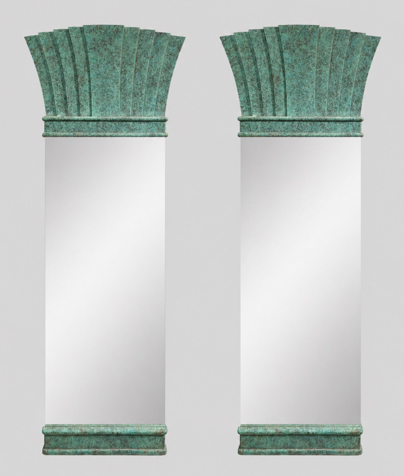 Art Deco Revival Green Variegated Mirrors: Art Deco Revival Green Variegated Mirrors. Pair. 1980s. 20 1/8w x 2m1/4d x 58 1/8h.
