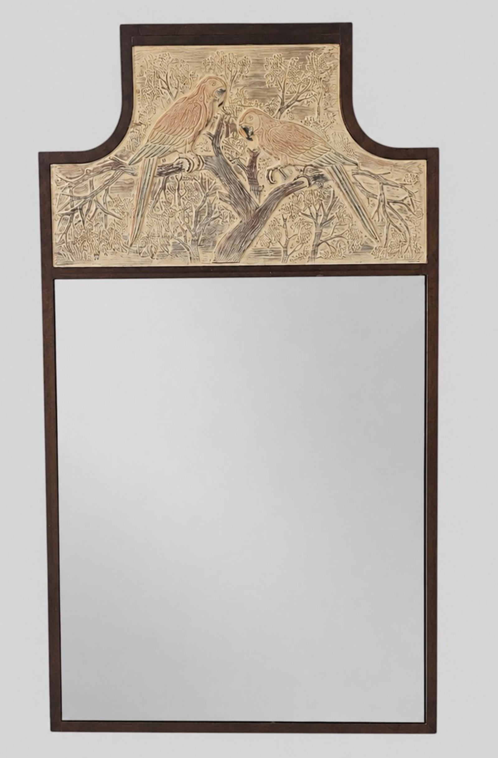 Sarreid Ltd. Parrot Mirror: Sarreid Ltd. Parrot Mirror. 1980s. Carved resin parrot plaque embedded in patinated frame mirror. 35 7/8w x 1d x 65 1/4h.