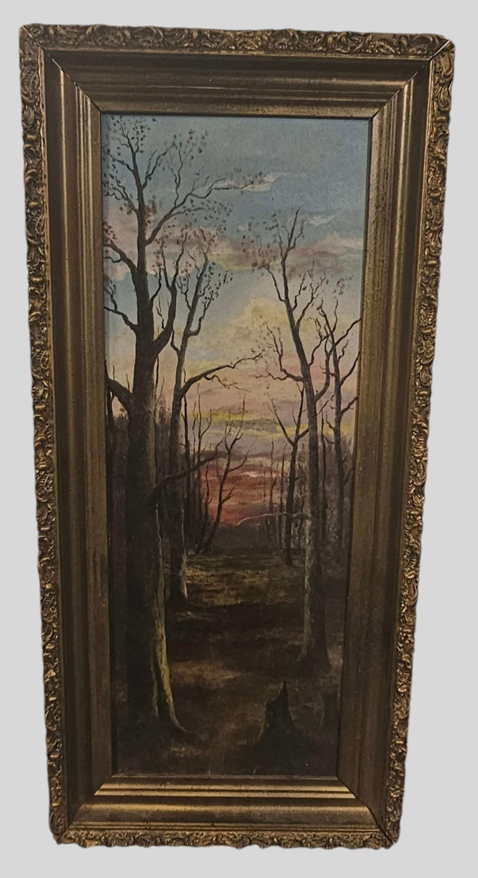 Arts and Crafts Oil of Woodland Scene: Arts and Crafts Oil of Woodland Scene. Sight 24 1/8 x 8 7/8. Frame 28 1/2 x 13 1/2.