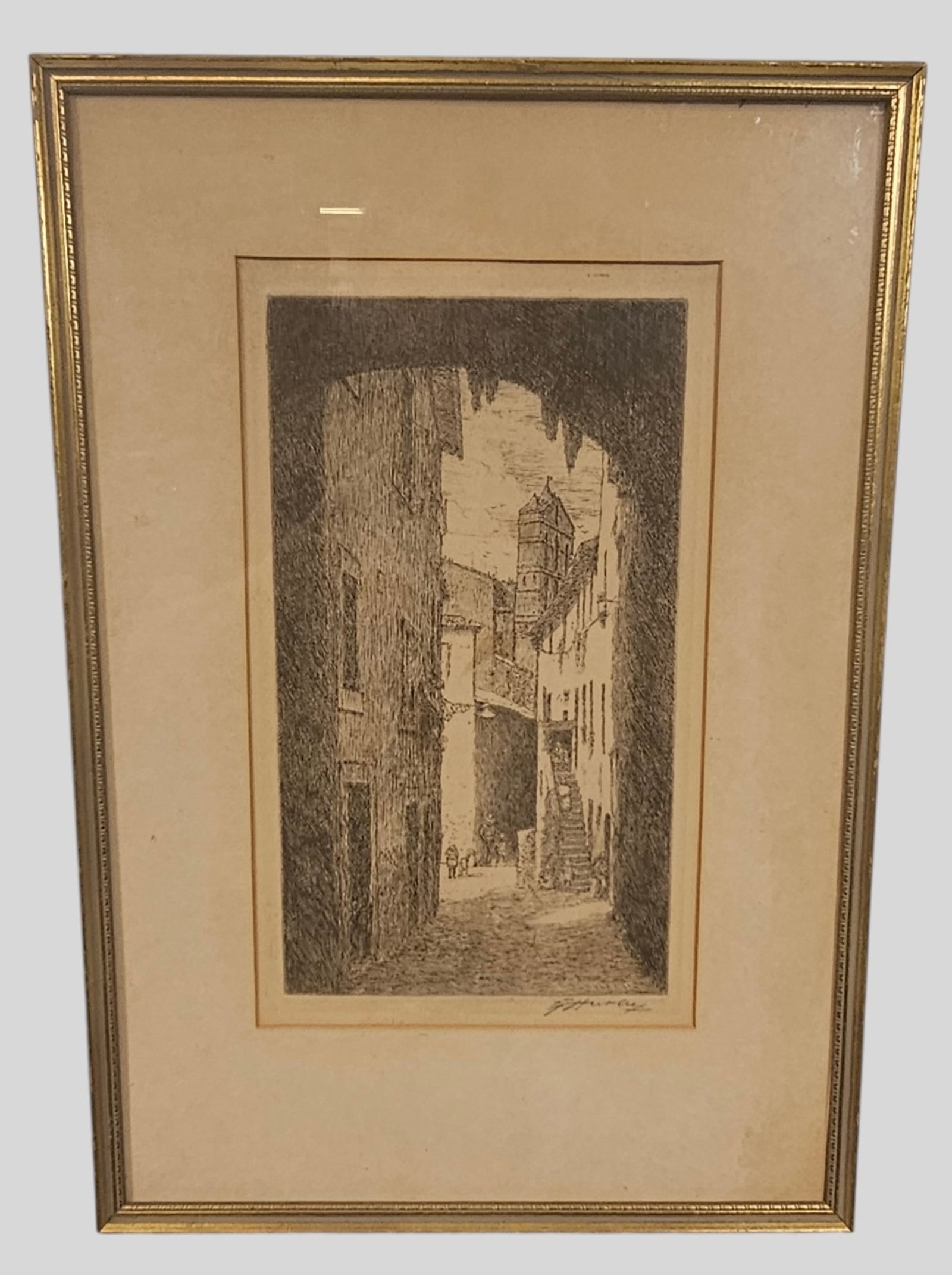 Edward Timothy Hurley Etching: Edward Timothy Hurley (E.T. Hurley)(1869-1950, Cincinnati) Etching on paper. Cincinnati City Scene archway with structures and figures. Dated 1931 and signed in pencil. Sight 13 x 7 3/4. Frame 19 3/4