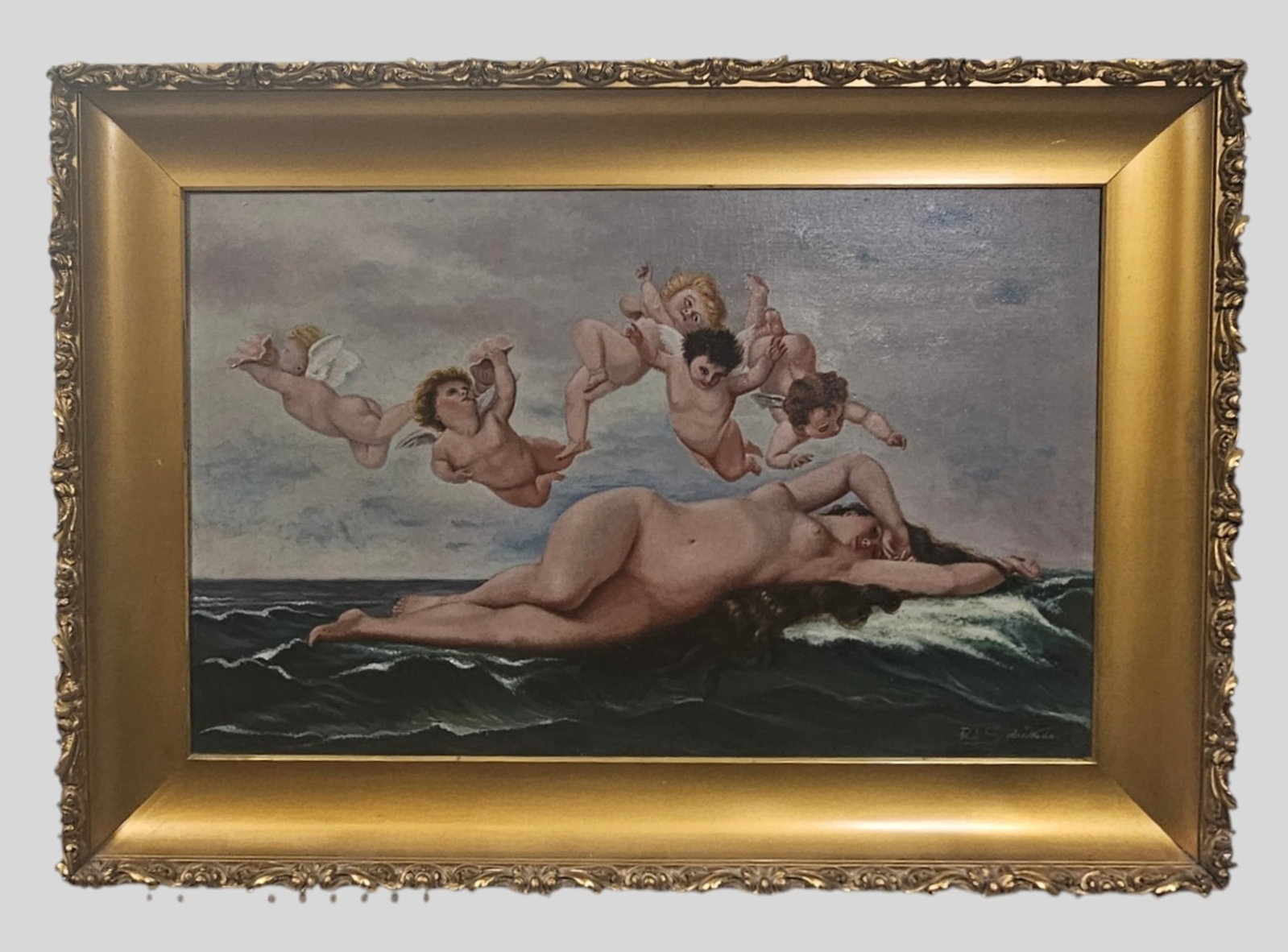 Pearl Snyder Wade Oil: Pearl Snyder Wade (19th/ 20th Century, American) Oil on canvas, untitled. Beautiful lady reclining on her side in ocean with flying cherubs. Signed lower right. Housed in carved gilt frame. Sight 17 3