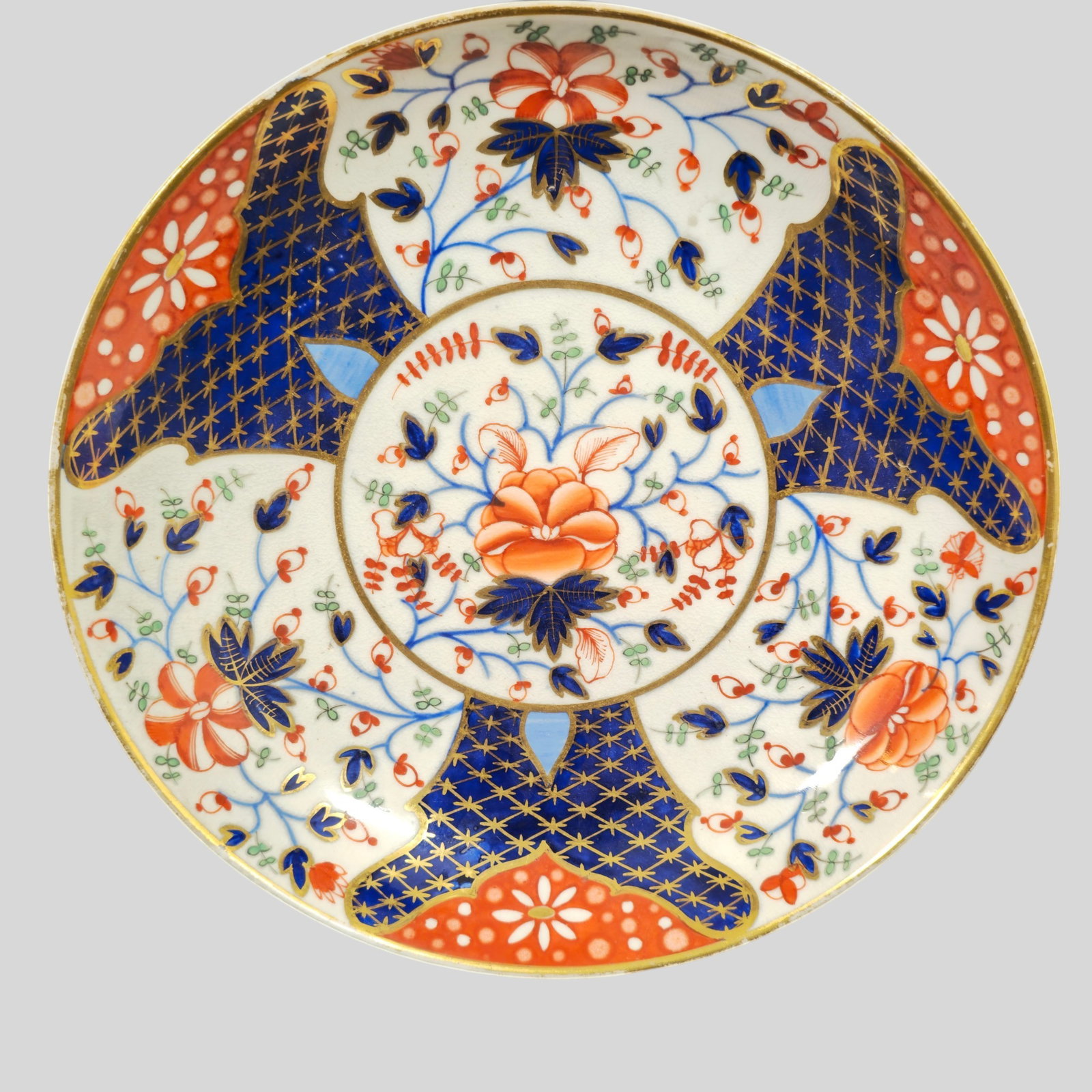 19th Century Derby Porcelain Shallow Bowl: 19th Century Derby Porcelain Platter. Circa 1810. Cobalt blue over glaze and iron red under glaze decoration. Derby mark to underside. 8 3/4dia x 1 5/8h.