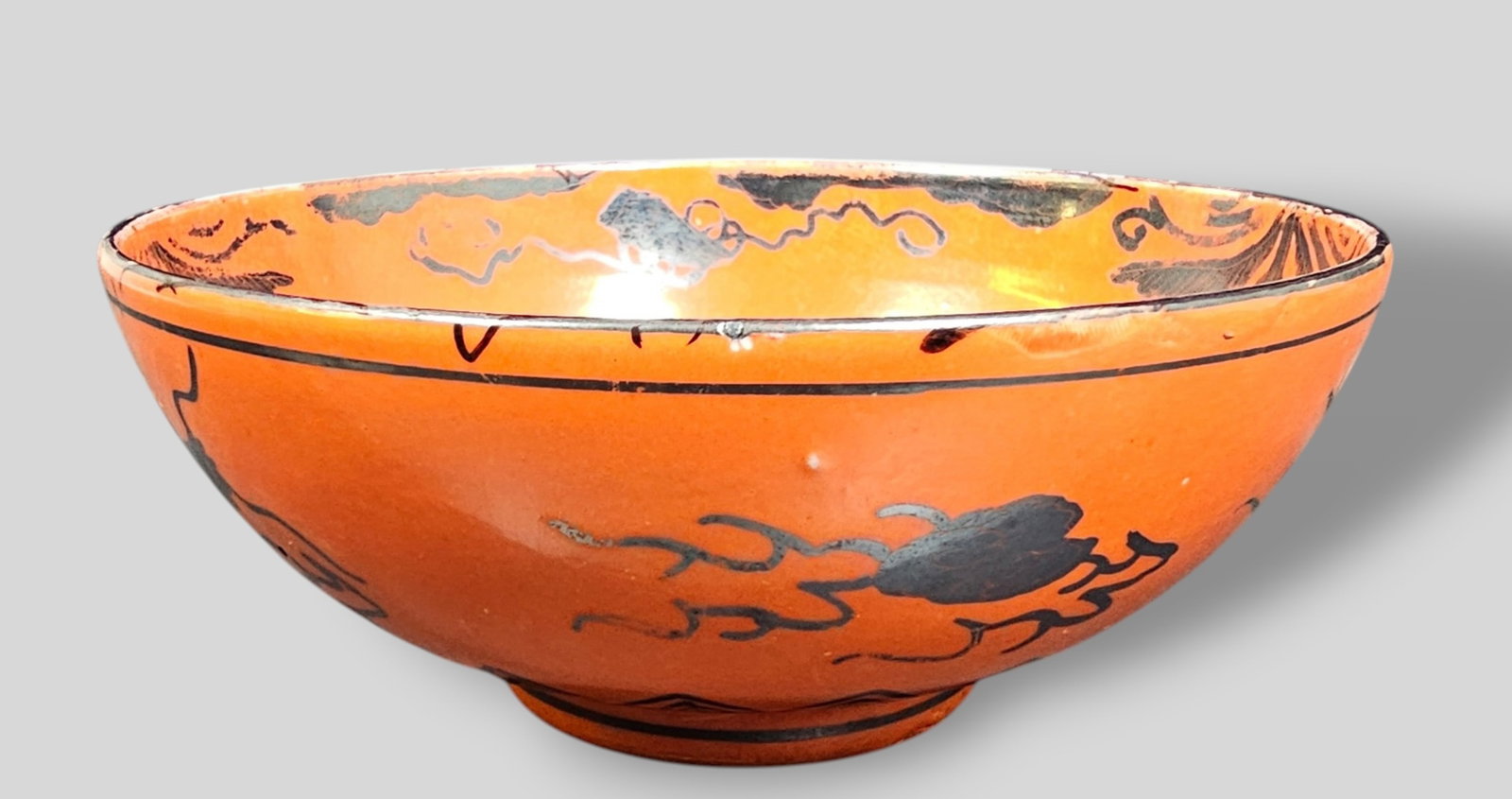 Japanese Meiji Period Eiraku Porcelain Bowl: Japanese Meiji Period Eiraku Porcelain Bowl. Circa 1890-1900. Iron red/orange glaze decorated with black and silver dragons chasing a flaming pearl. Signed with characters to underside. 6 1/8 dia x 2 