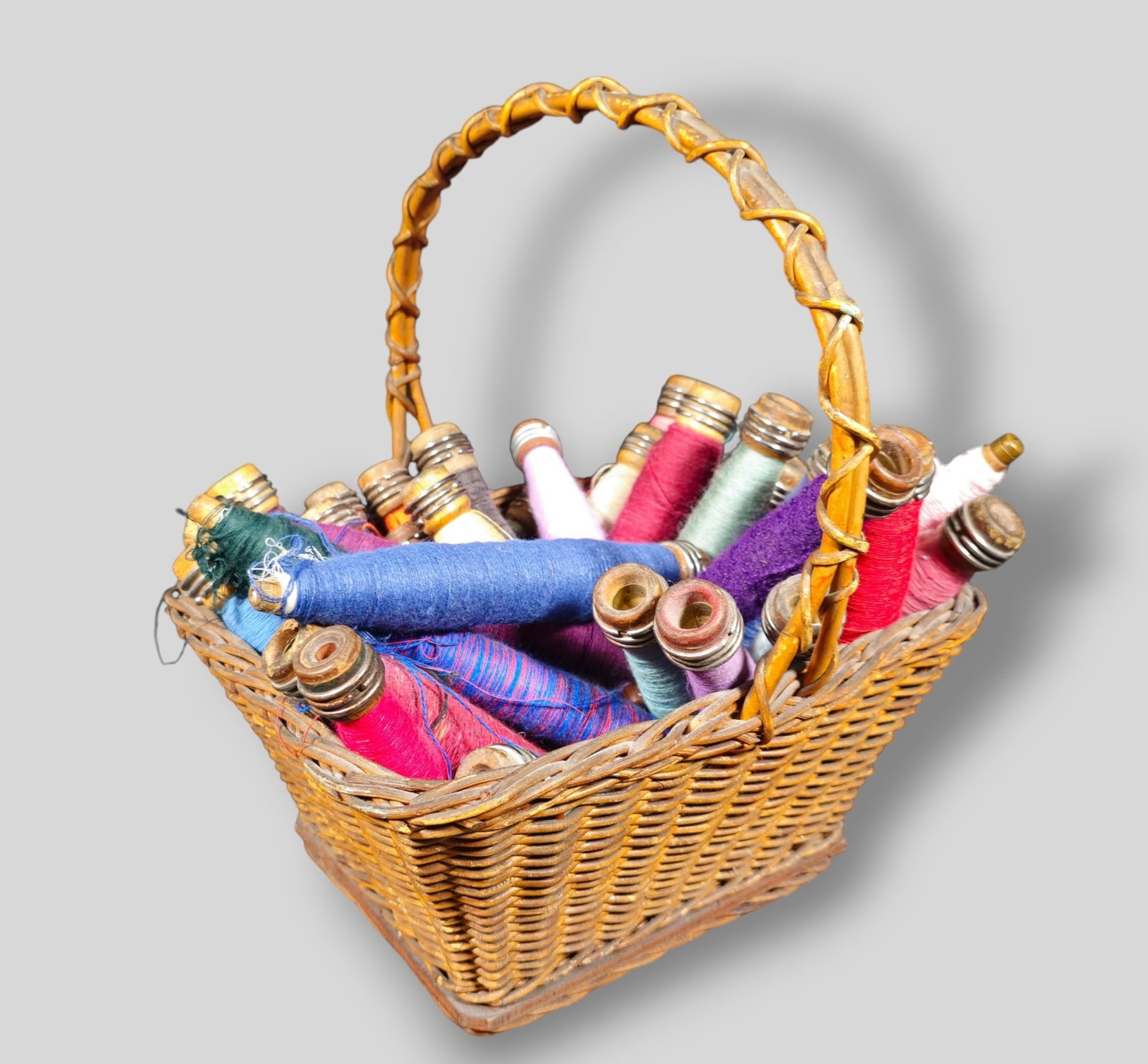 Primitive Basket and Wooden Textile Bobbins (1 of 7)