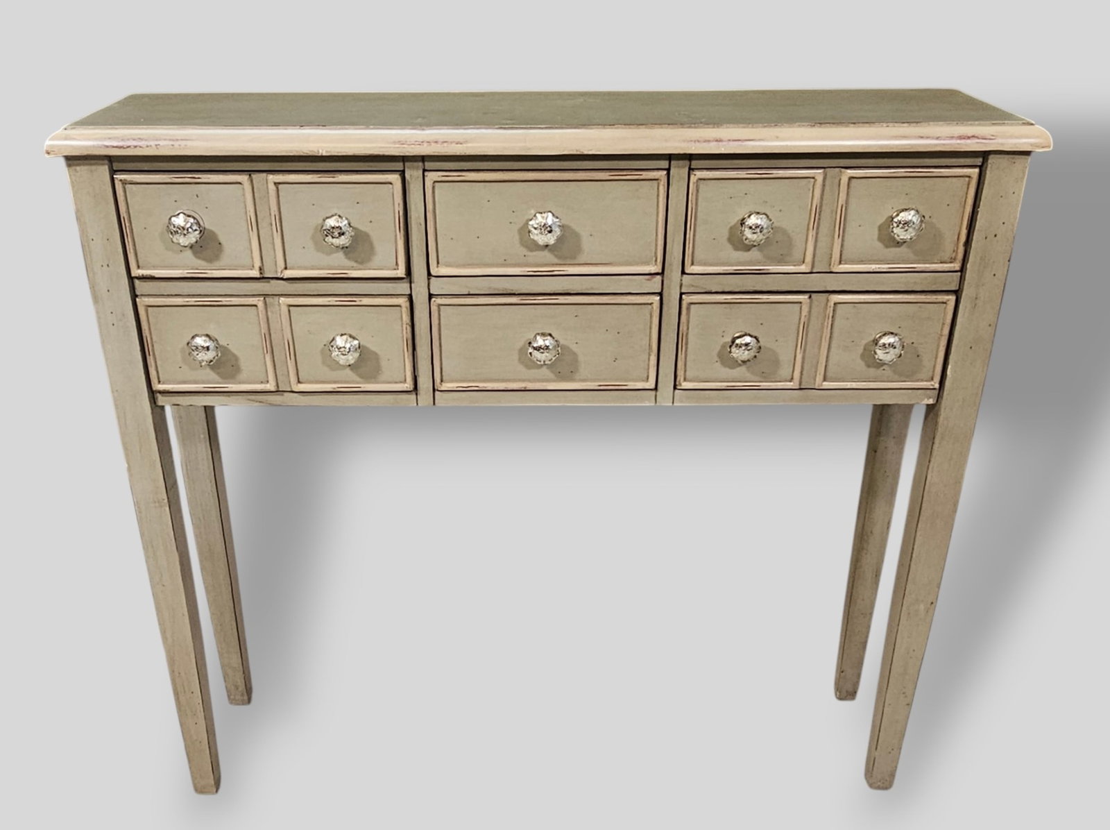 Lacquered Hall Console Table: Lacquered Hall Console Table. 1990s. 6 drawers with glass knobs. Great Size. Lacquered wood, glass and metal. 40w x 10 1/2d x 35 1/2h.