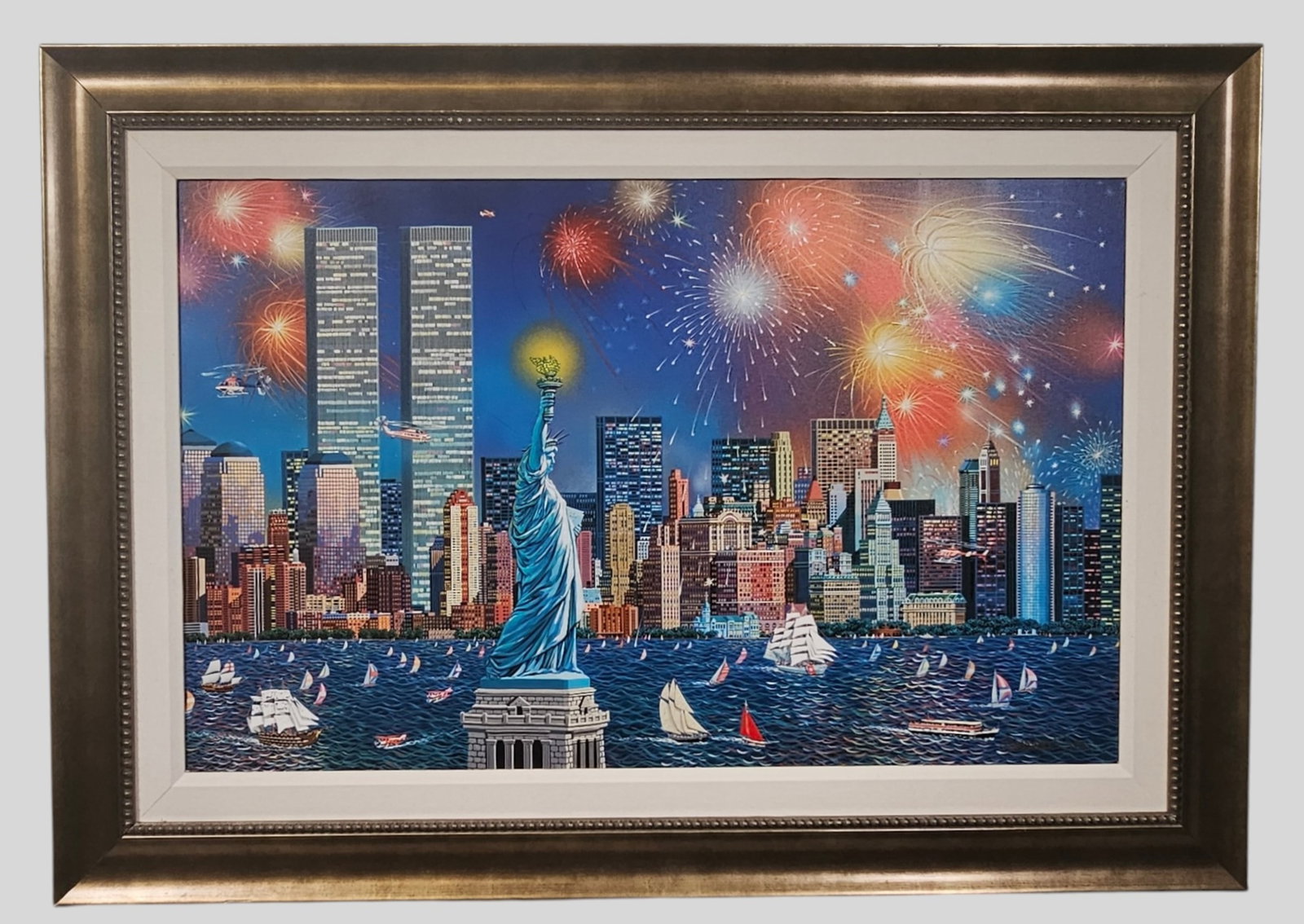 Alexander Chen Embellished Giclee: Alexander Chen (Born 1952- , China) Giclee on canvas ,"Manhattan Celebration" Signed lower right. Numbered 692/ 695 to verso. Professionally framed and matted. Sight 22 x 35 1/2. Frame 31 1/2 x 45.