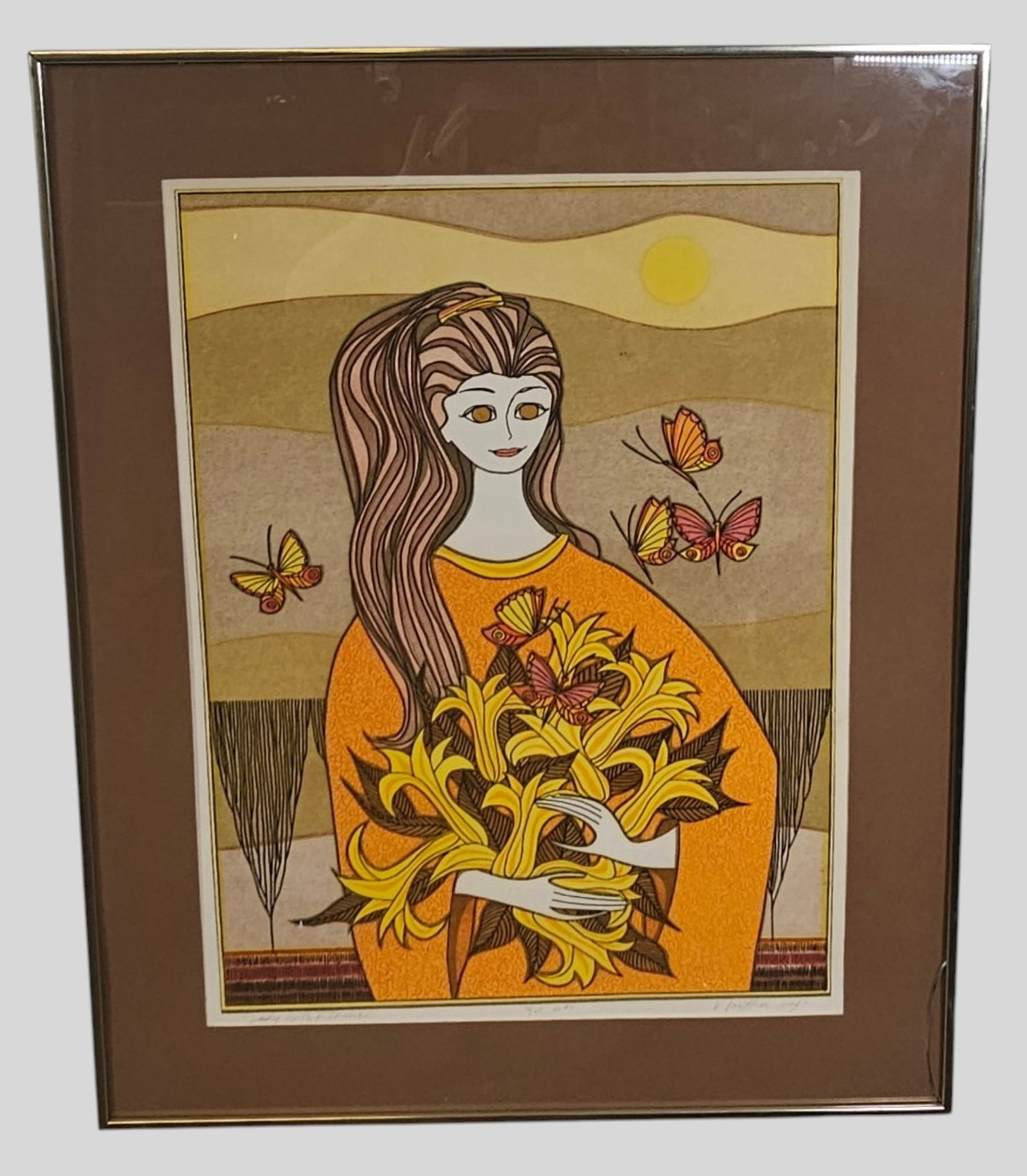 John Narkter Lithograph: John Narkter (1930-1998, Cincinnati) Lithograph on paper, "Lexy with Flowers" Signed, titled and numbered 34/ 65. Image size 24 x 18, Frame 30 1/2 x 24 1/2.
