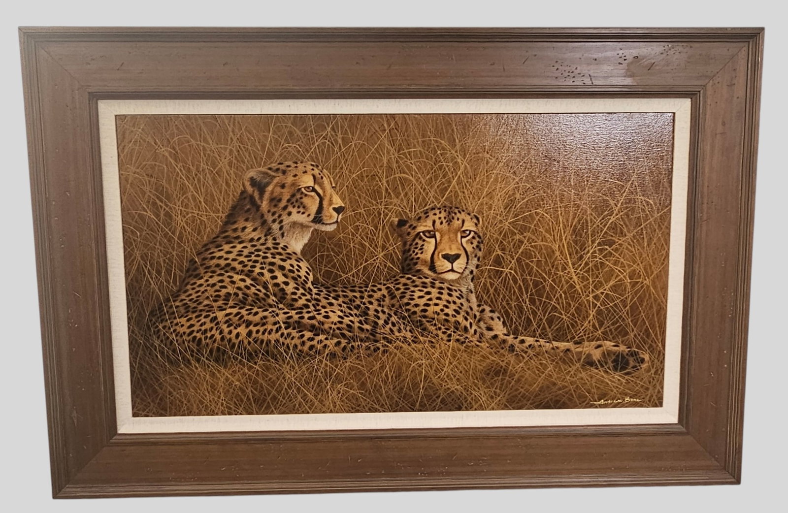 Andrew Bone Oil: Andrew Bone (Born 1957- , Zimbabwe) Oil on canvas, "Moremi Brothers" Signed lower right. Professionally framed and matted. Sight 17 1/2 x 32. Frame 27 x 41 1/2.