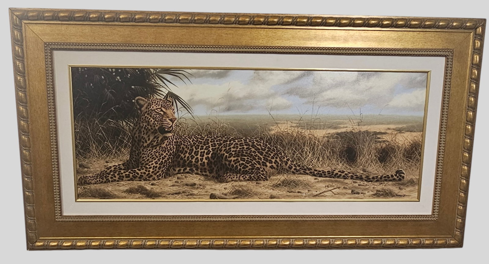 Andrew Bone Embellish Lithograph: Andrew Bone (Born 1957- , Zimbabwe) Embellish lithograph on canvas, Signed lower right. Numbered 433/ 450. Professionally framed and matted. Sight 17 1/2 x 32. Frame 27 x 41 1/2.