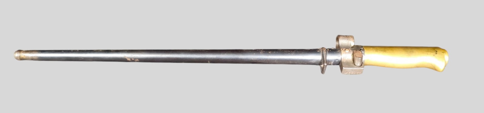 French Lebel M1886/ 15 Bayonet with Scabbard: French Lebel M1886/15 Bayonet with Scabbard. Designed for use with the iconic Lebel rifle. Used during WWI and during WWII as well. Original steel scabbard. Blade 13 5/8 long. Overall 19 inches long.
