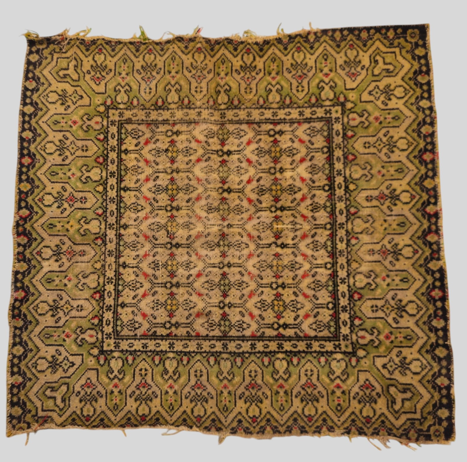 Tribal Persian Area Rug: Tribal Persian Area Rug. All over geometric and garden design over beige and olive green. 2ft 9in x 2ft 11in.