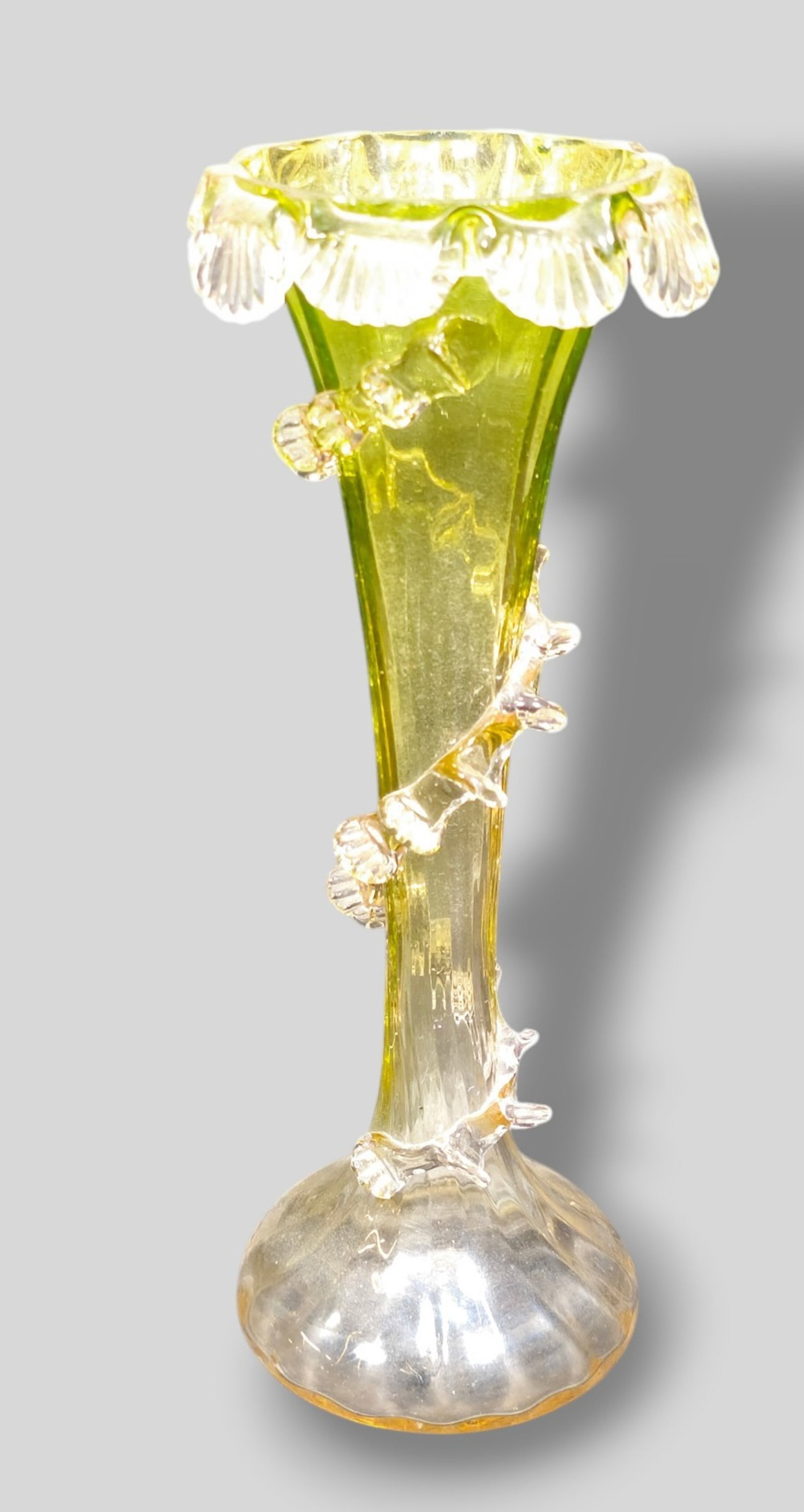 Vaseline/ Uranium Victorian Glass Vase: Vaseline/ Uranium Victorian Glass Vase. 2 7/8dia x 7 1/2h.