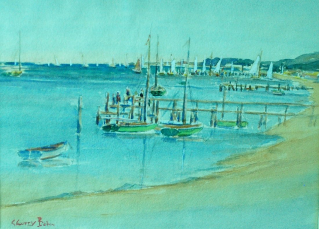 C. Curry Bohm: Water Color. Harbor scene, boats, figures. Signed LL 10.25 x 13.25