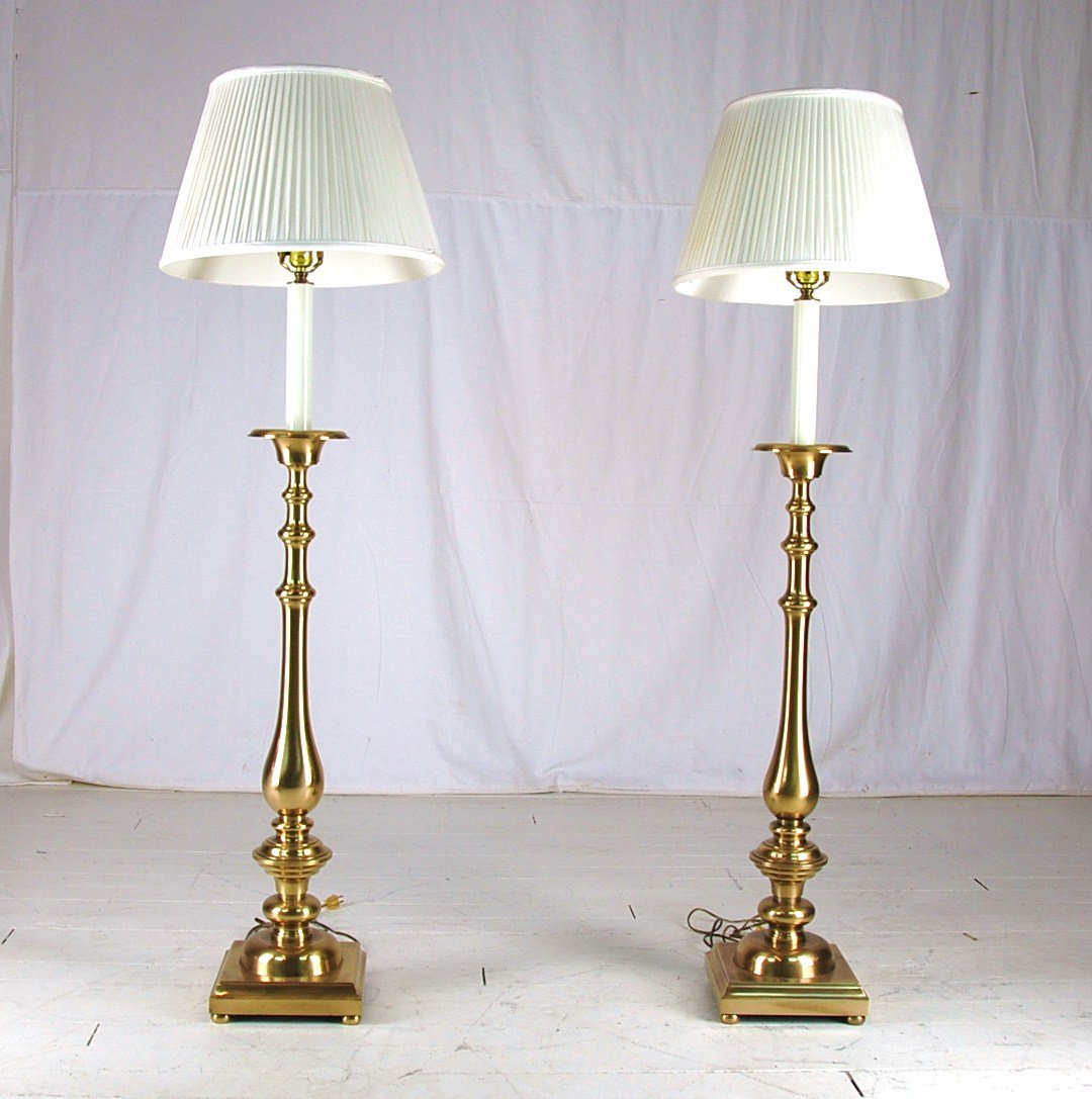 Frederick Cooper: Outstanding heavy turned brass candlestick floor lamps. 55.25H